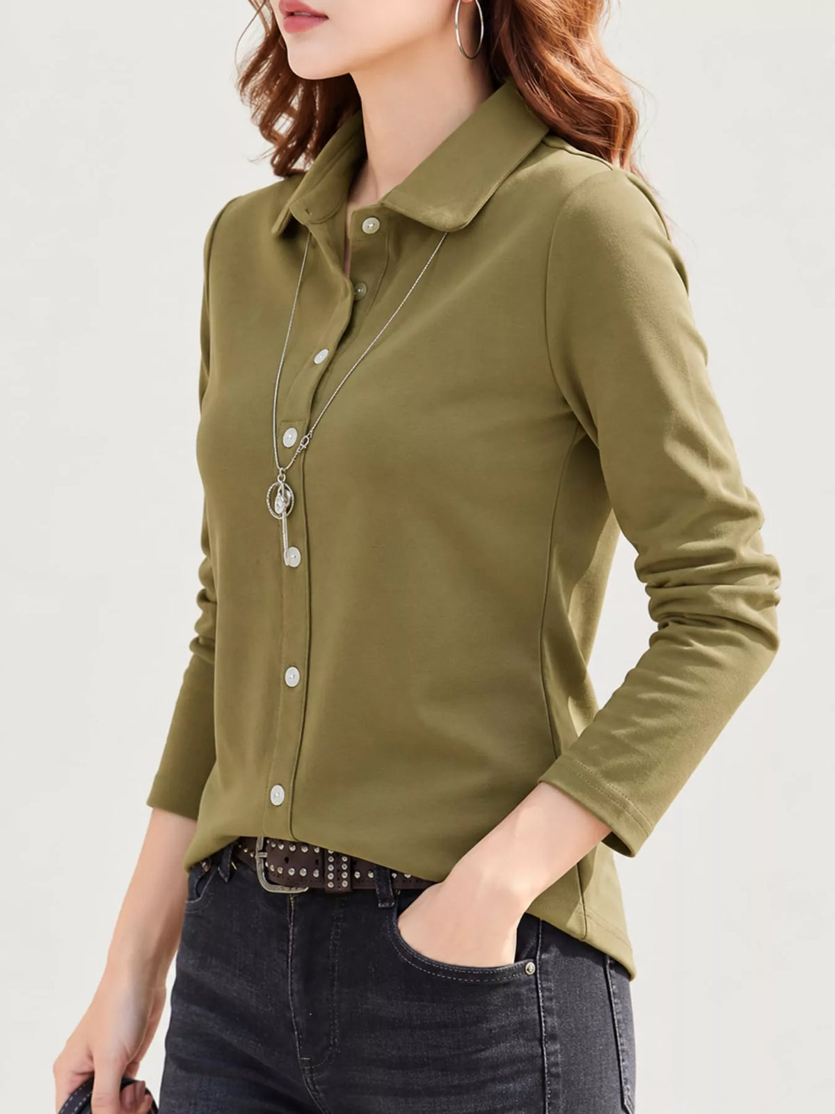 Olive green button-down shirt, side view