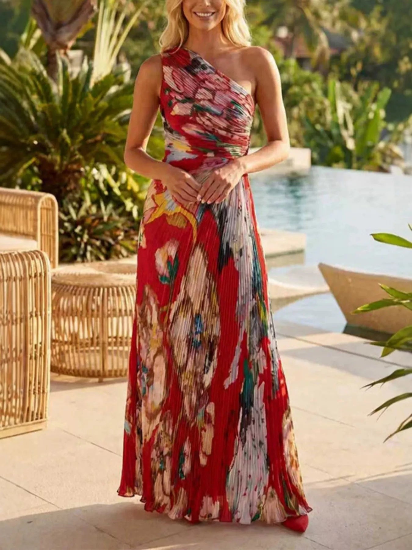 Trendsi One-Shoulder Pleated Floral Maxi Dress -
