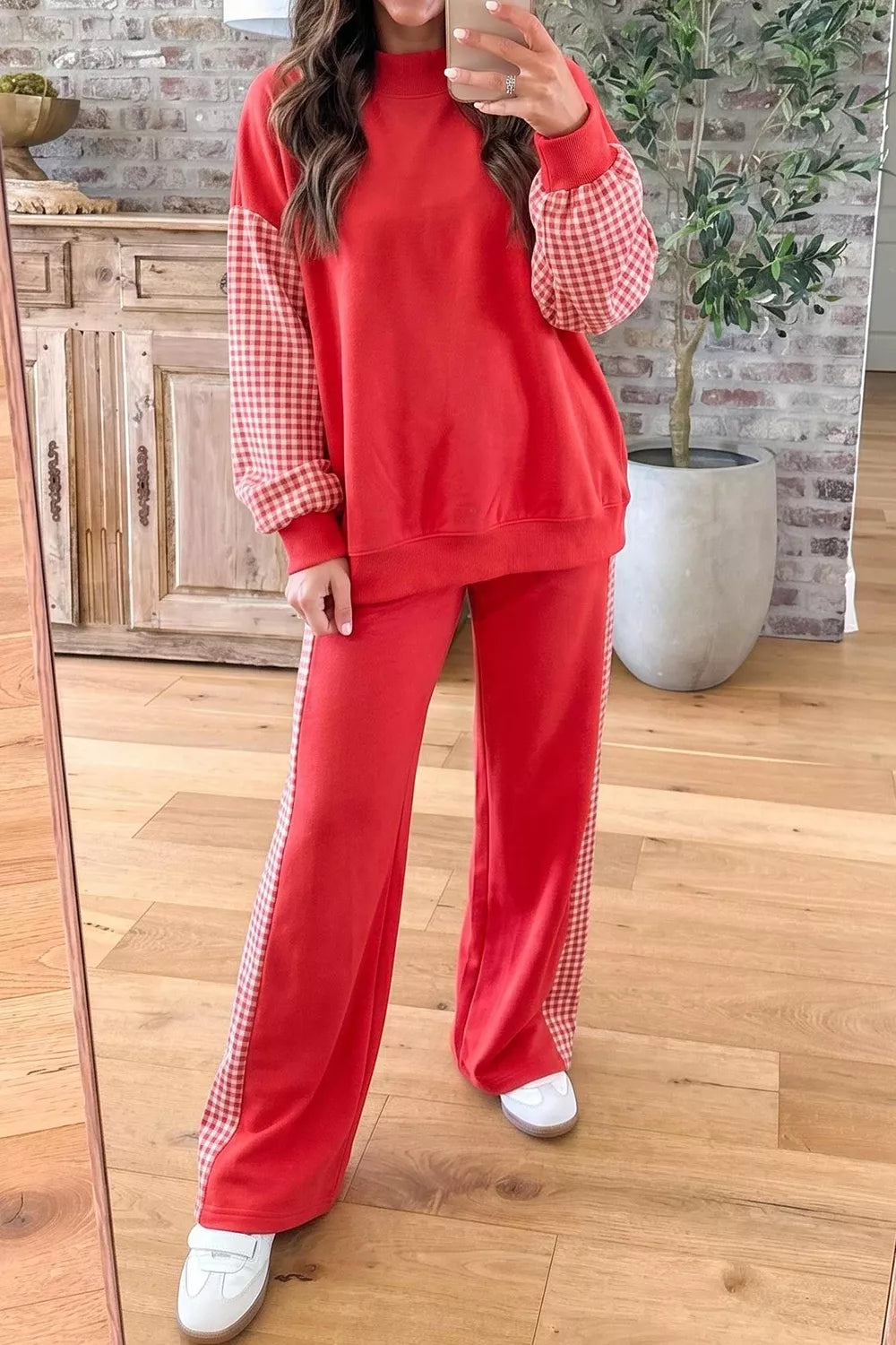 Red plaid contrast long sleeve top and wide-leg pants set — front view