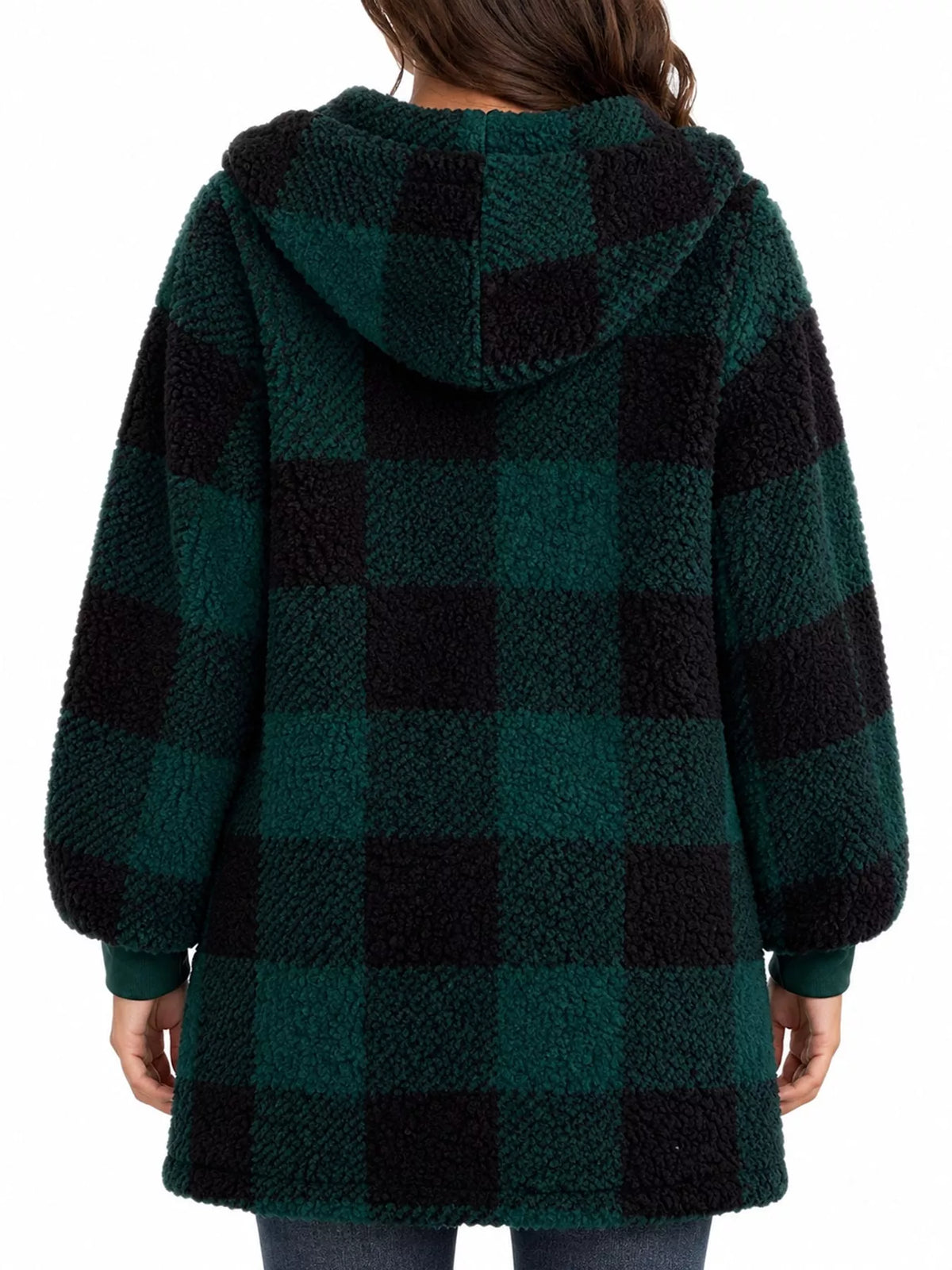 Green and black plaid sherpa hooded zip up jacket, back view