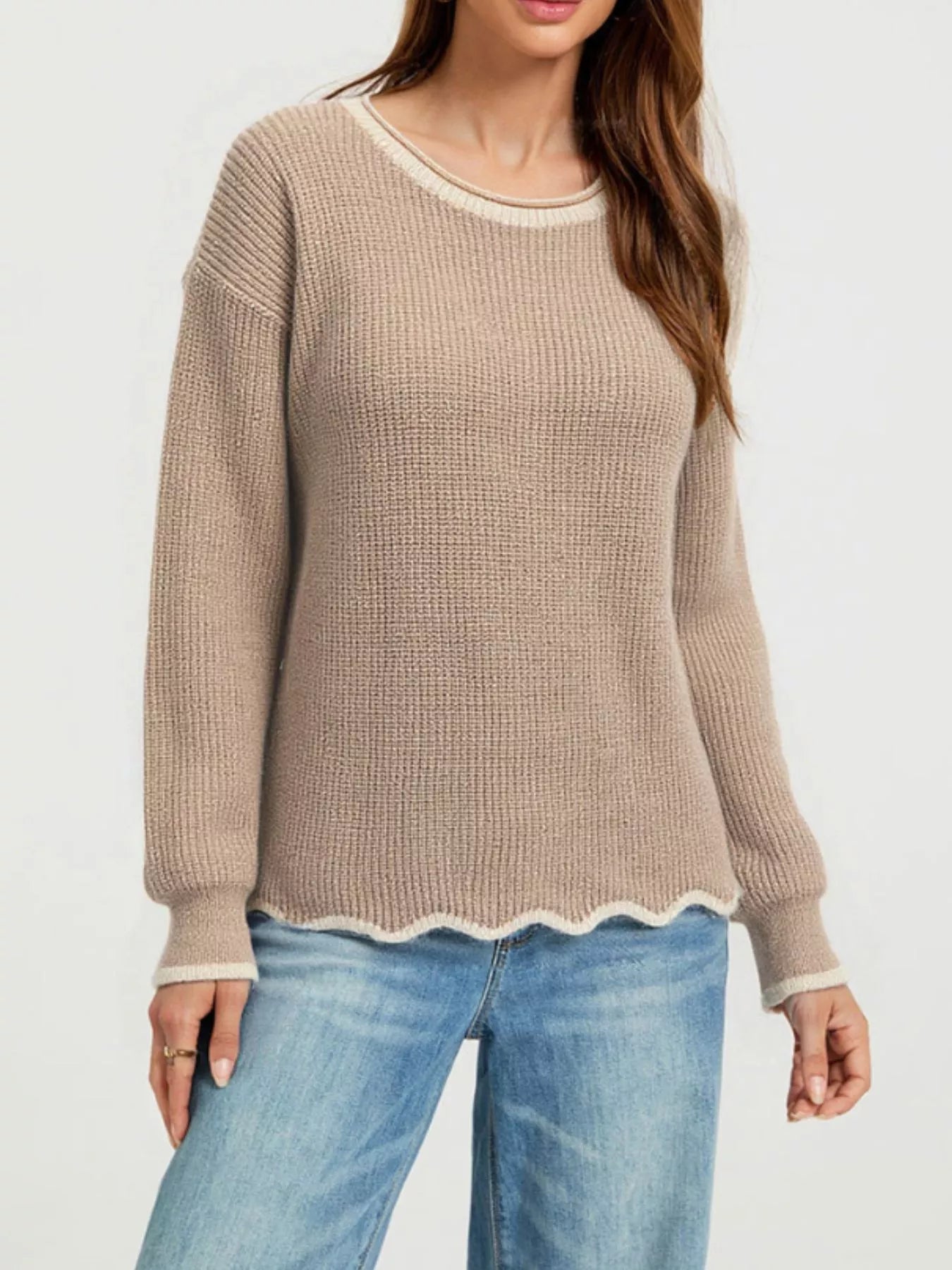 Trendsi Contrast Trim Scalloped Hem Ribbed Knit Sweater -