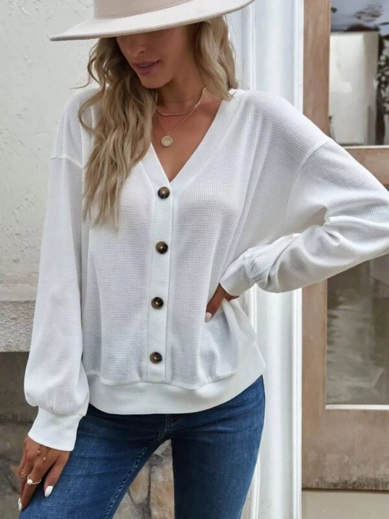 Trendsi Casual V-Neck Waffle Long Sleeve Top -