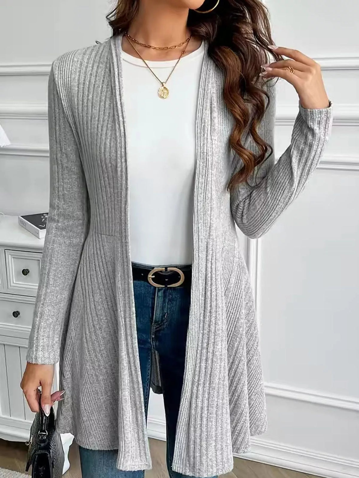 Gray ribbed knit open front cardigan
