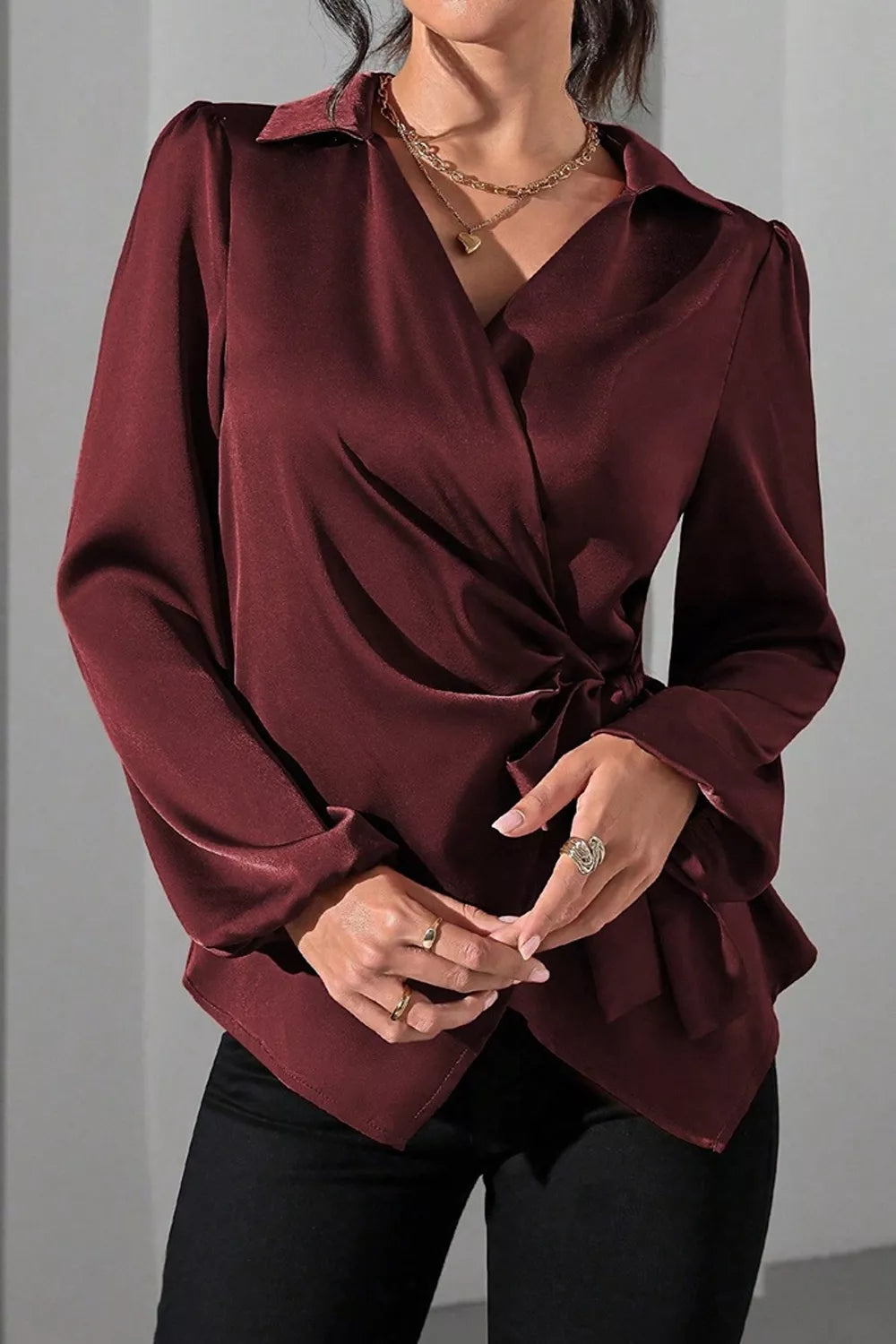 Trendsi Satin Tied Detail Long Sleeve Blouse -