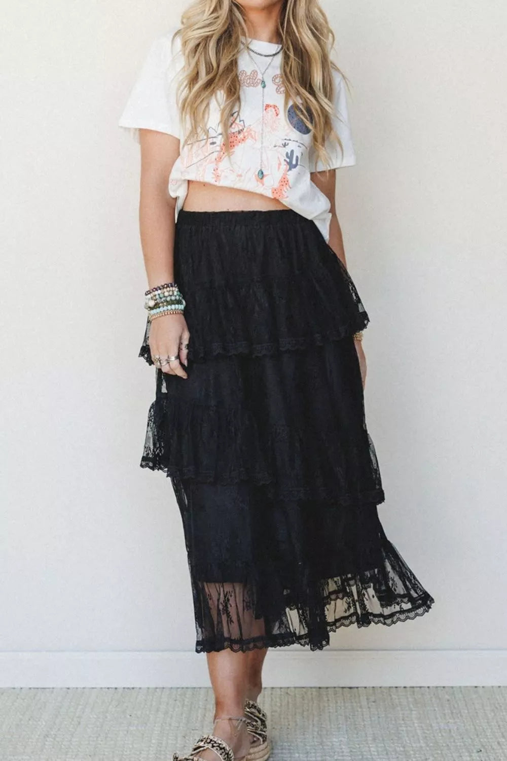 Trendsi Elegant Ruffle Lace Tiered Skirt -