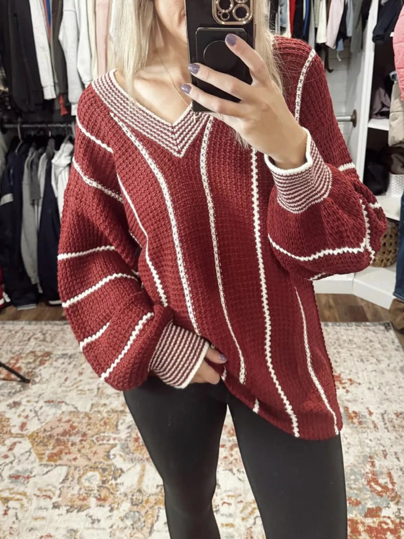 Trendsi V-Neck Striped Contrast Sweater -