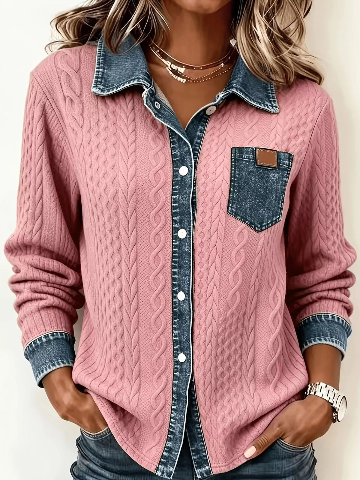 Contrast Denim Trim Textured Button-Down Shirt — front view