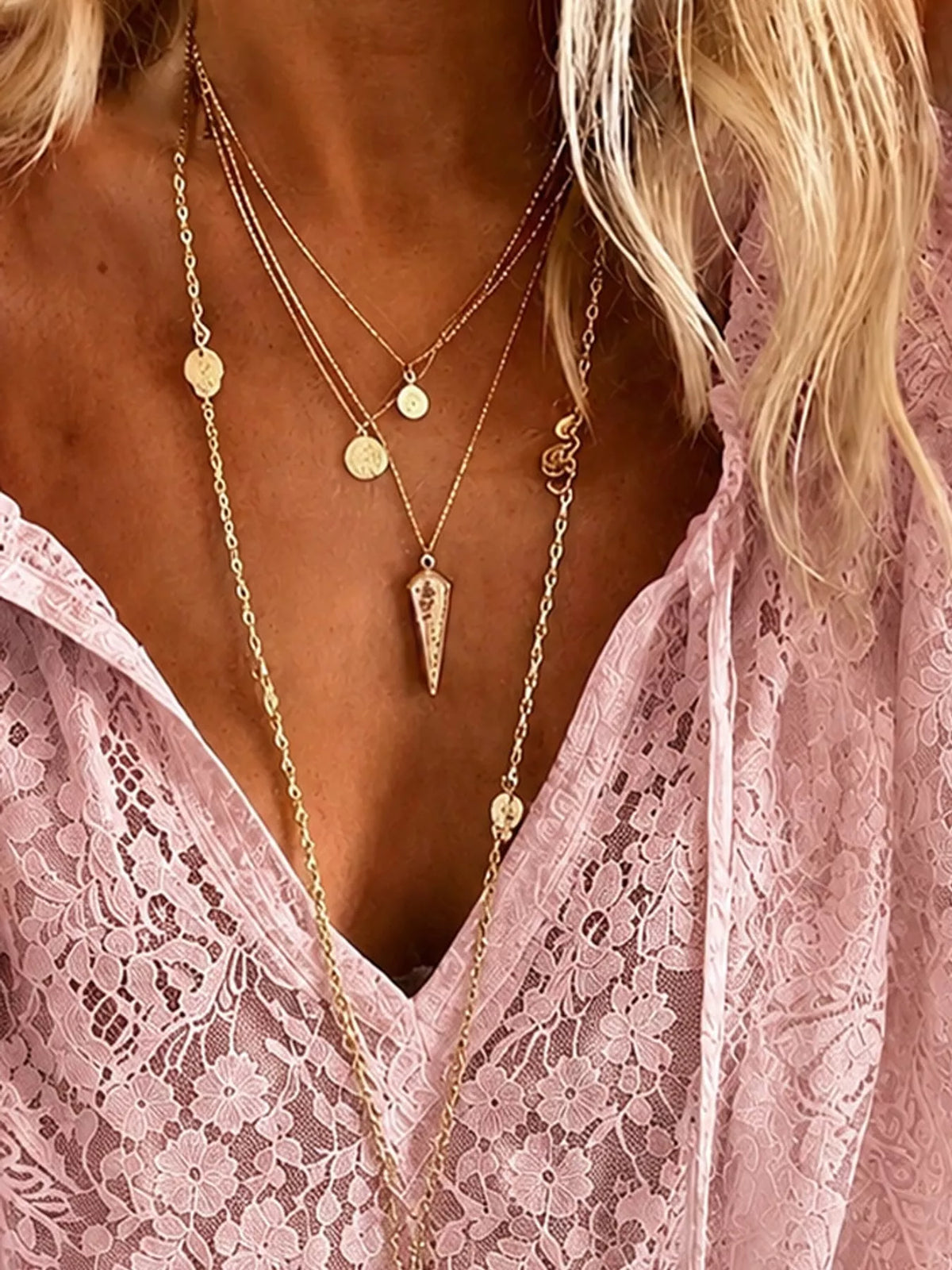 Pink lace long sleeve blouse, detail view