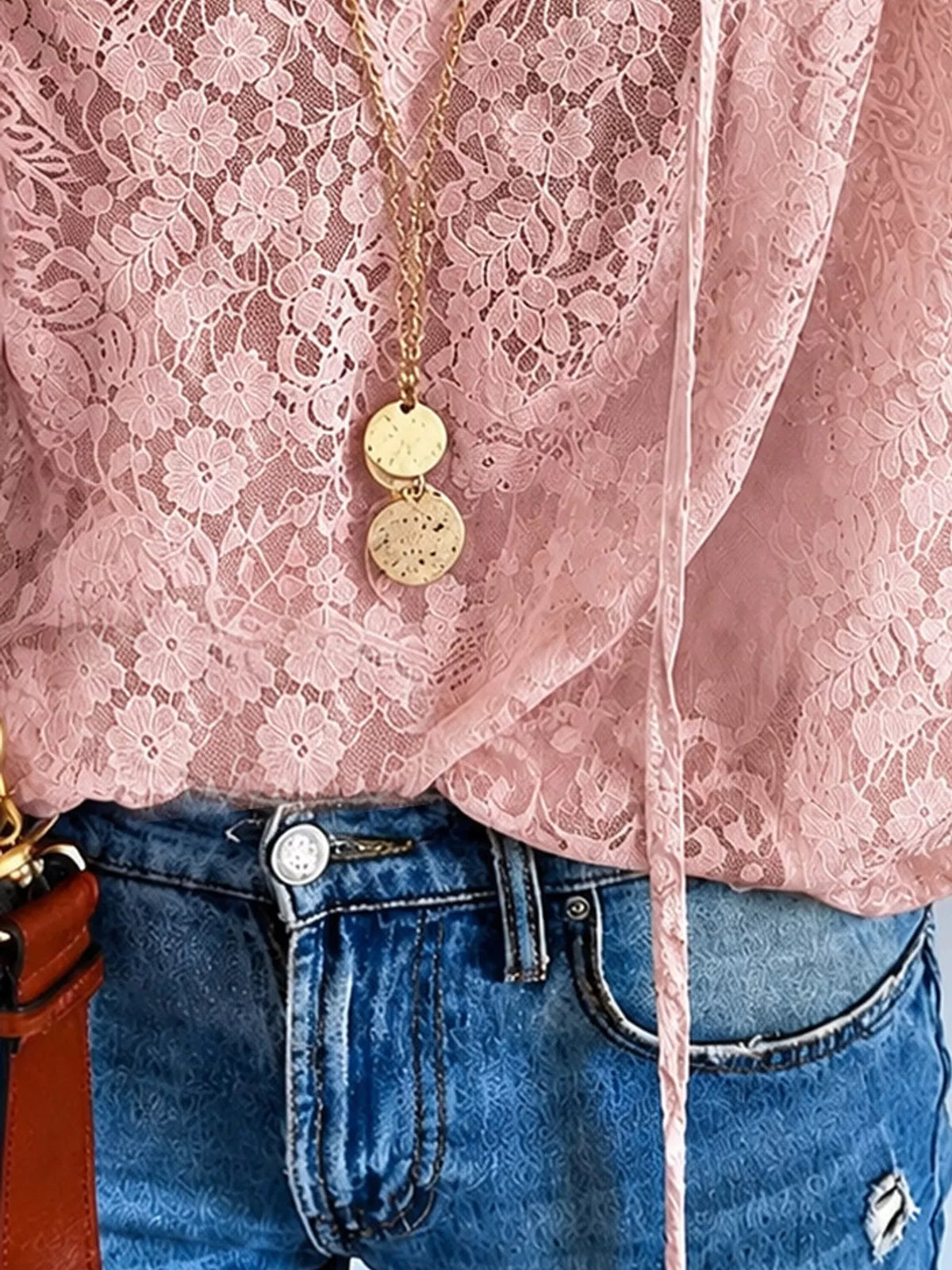 Pink lace long sleeve blouse, detail view