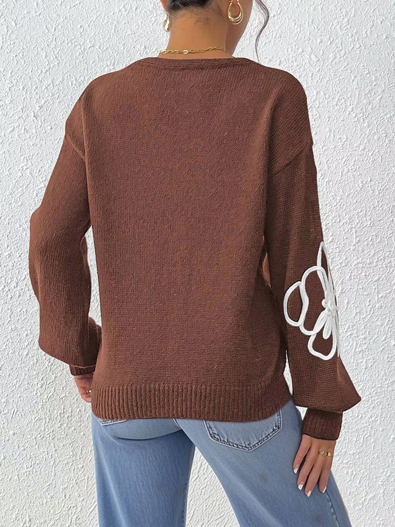 Flower V-neck dropped-shoulder sweater