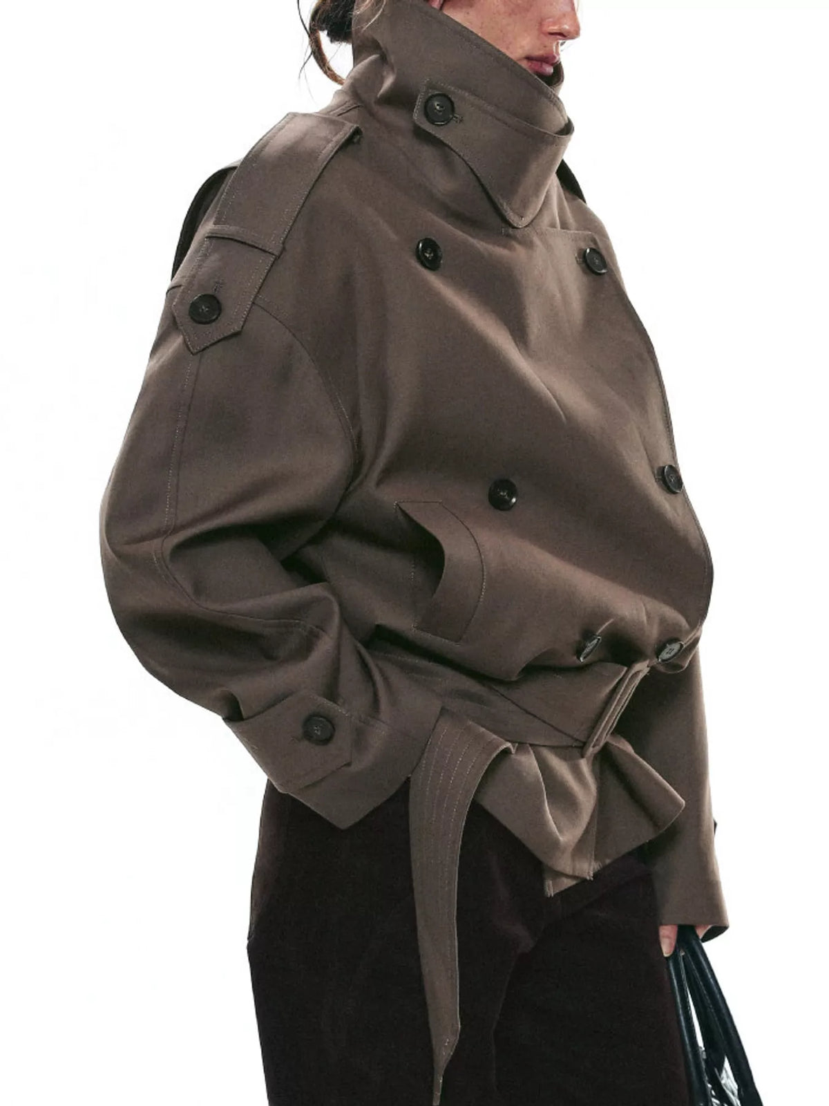 Women's Belted Waist Button Up Trench Jacket in brown — side view