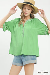 Trendsi Umgee Textured Split Neck Puff Sleeve Top -