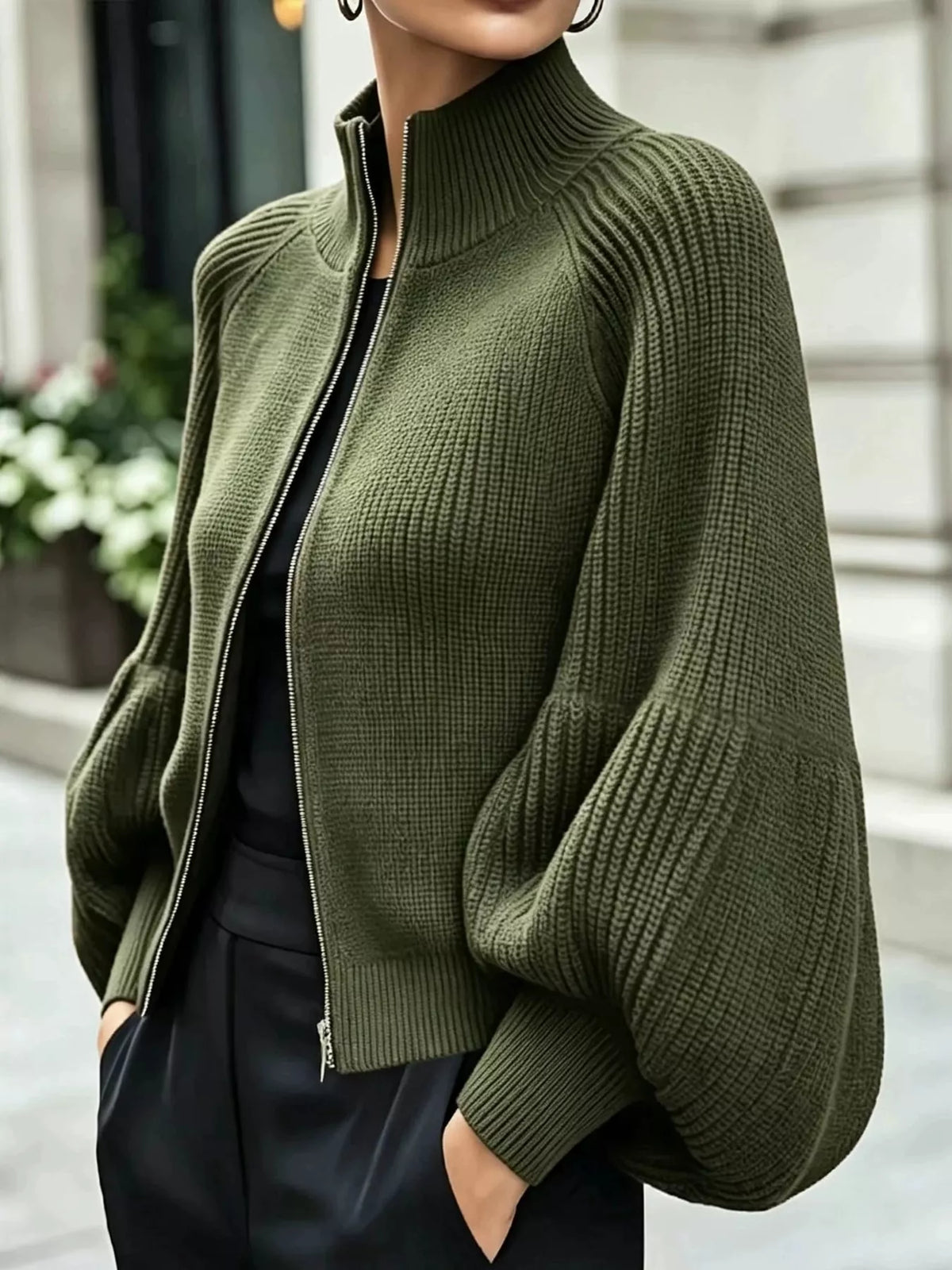Army Green ribbed knit zip-up lantern sleeve cardigan