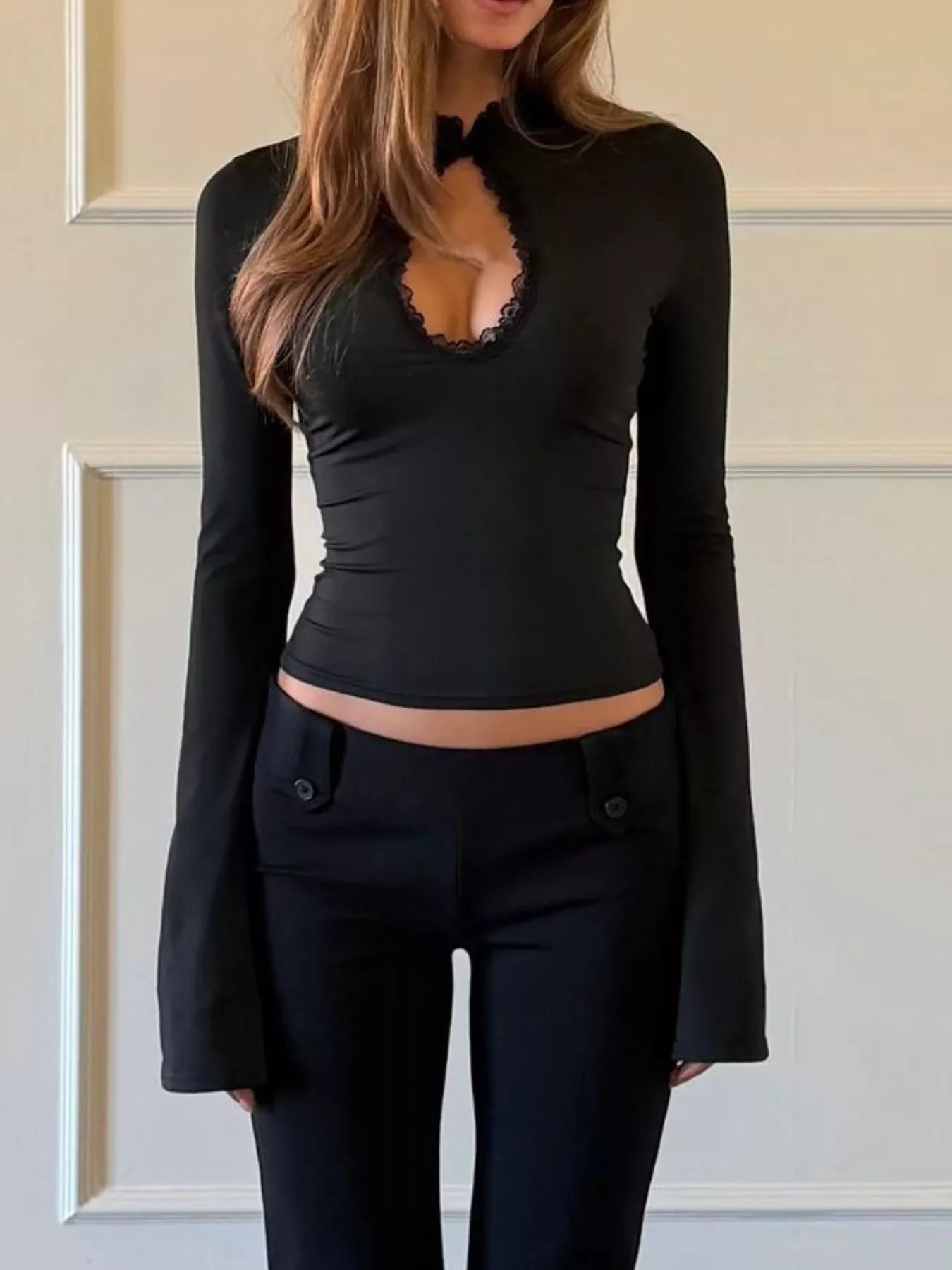 Trendsi Lace-Trimmed Keyhole Long Sleeve T-Shirt -