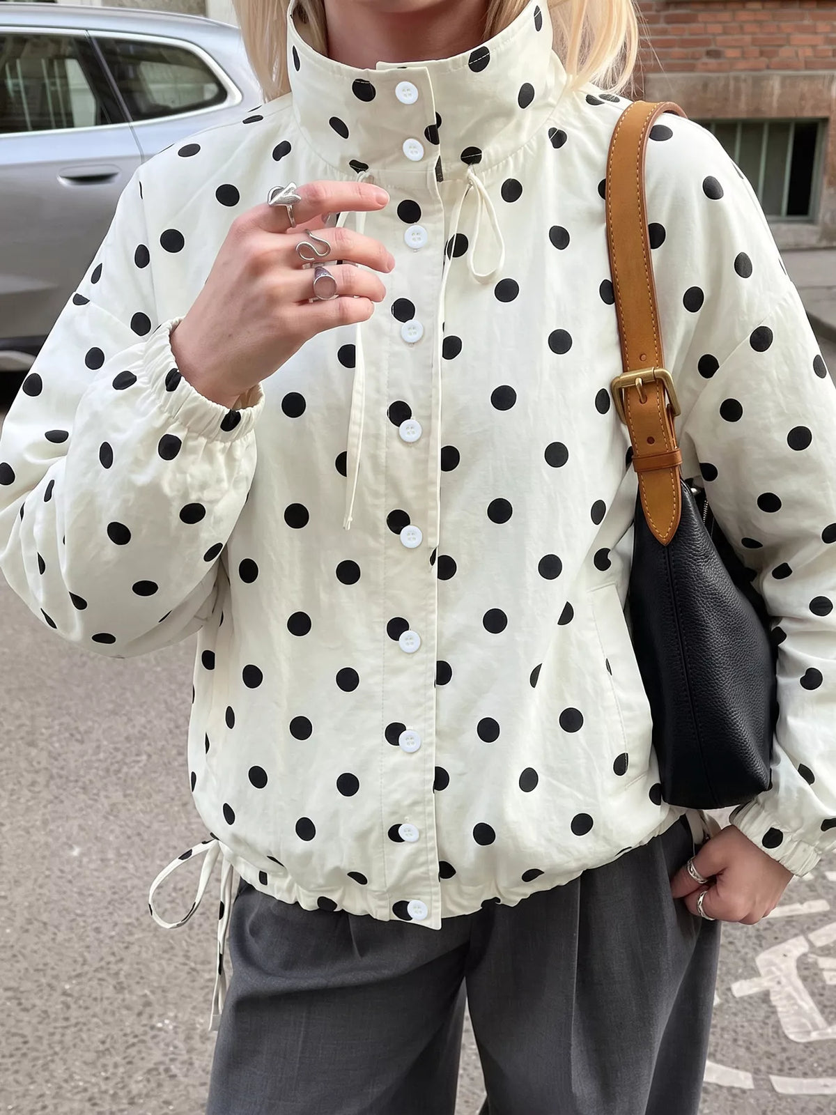 Trendsi Polka Dot Stand-Collar Casual Jacket -