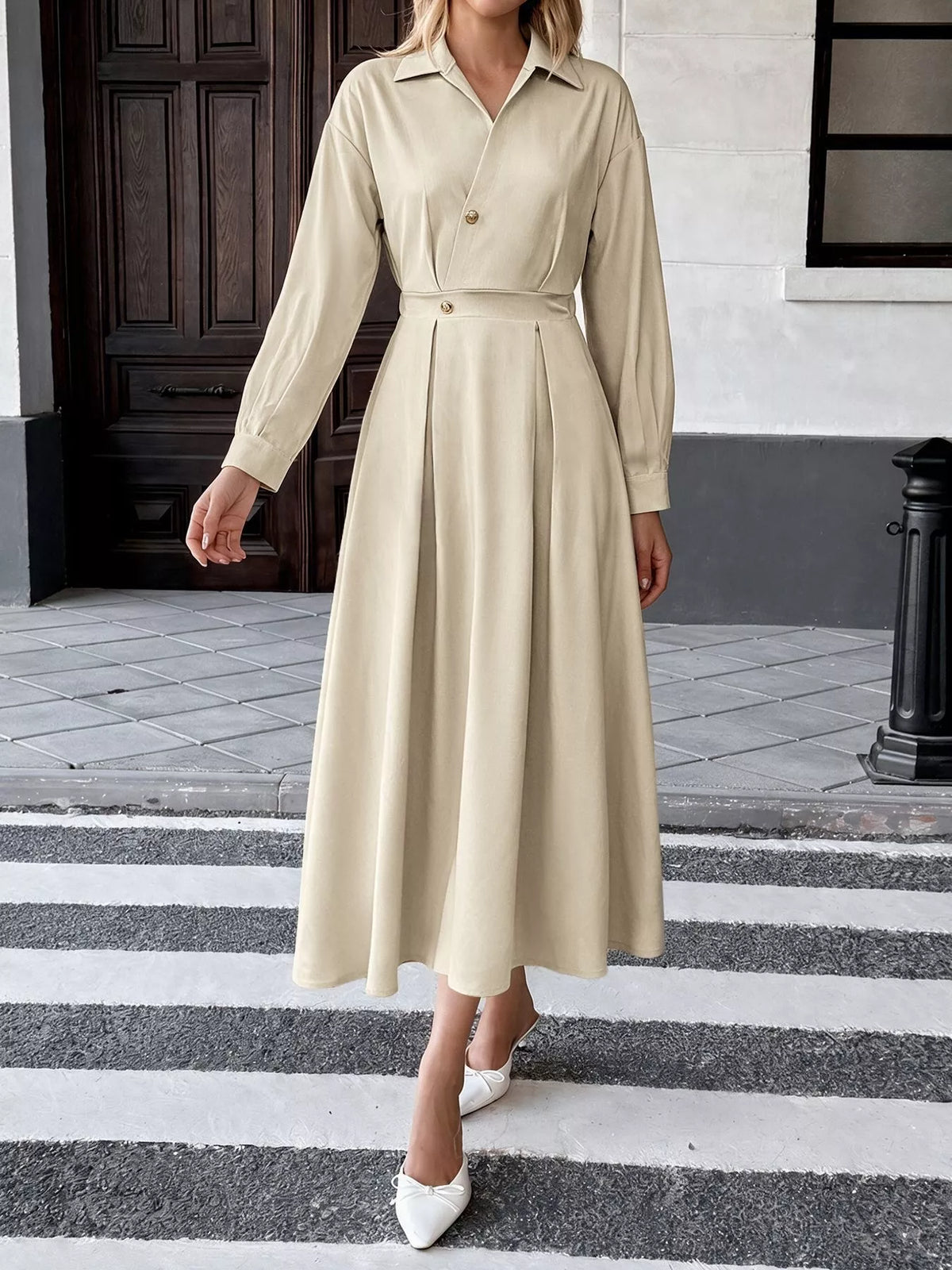 Trendsi Pleated Button Detail Long Sleeve Shirt Dress -
