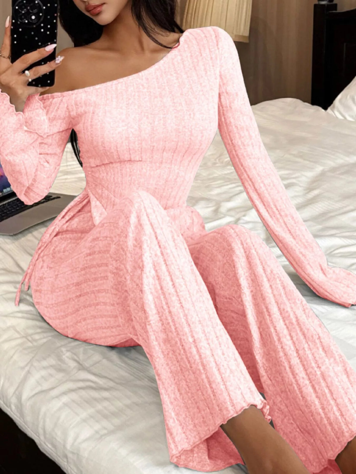 Trendsi One-Shoulder Ribbed Knit Top and Pants Set -