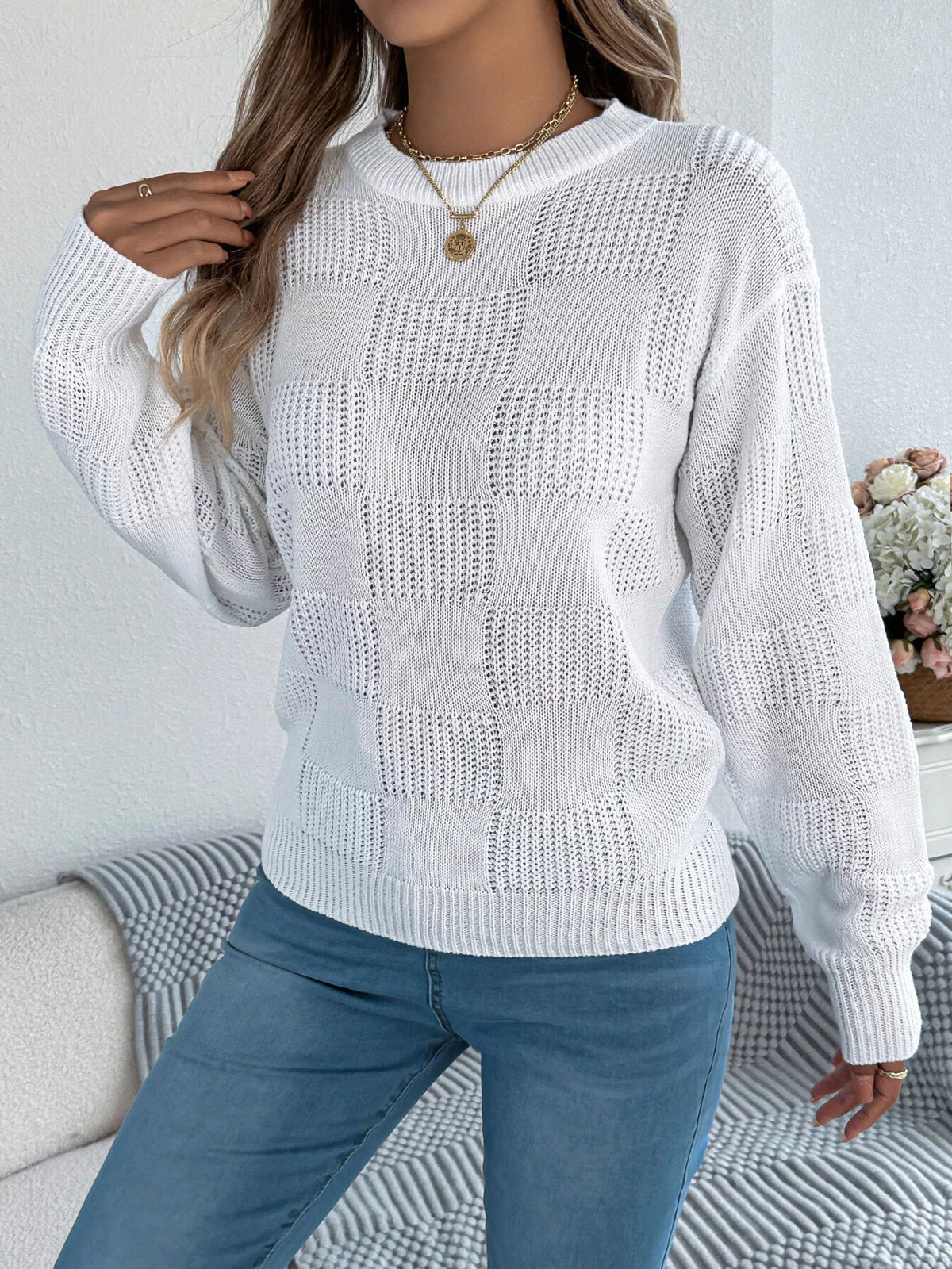 Gray checkerboard textured knit sweater
