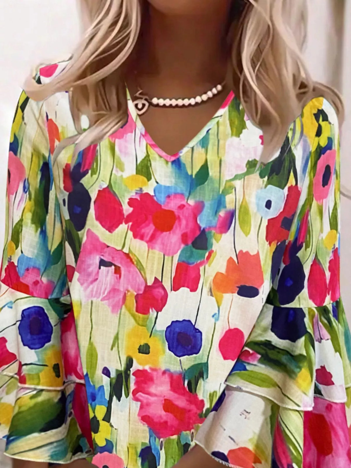 Floral Print Tiered Ruffle Sleeve Mini Dress in multicolor, front view