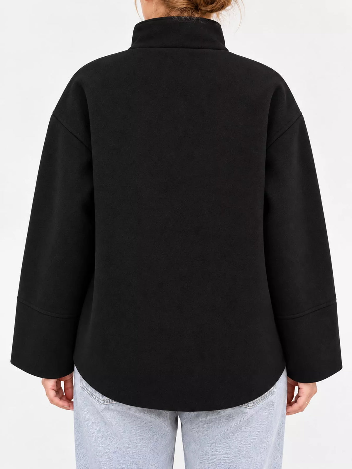 Black stand-collar button-up jacket, back view