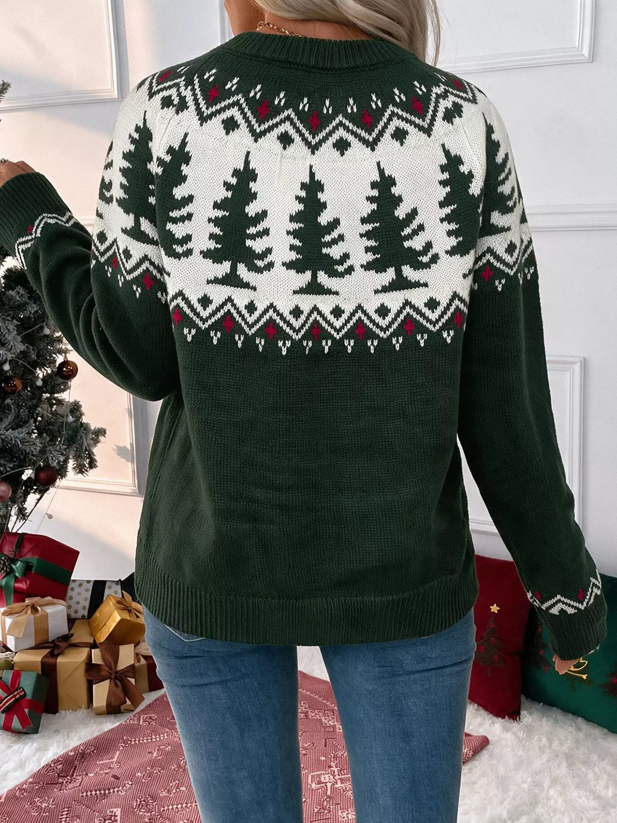 Dark green Christmas tree sweater, back view