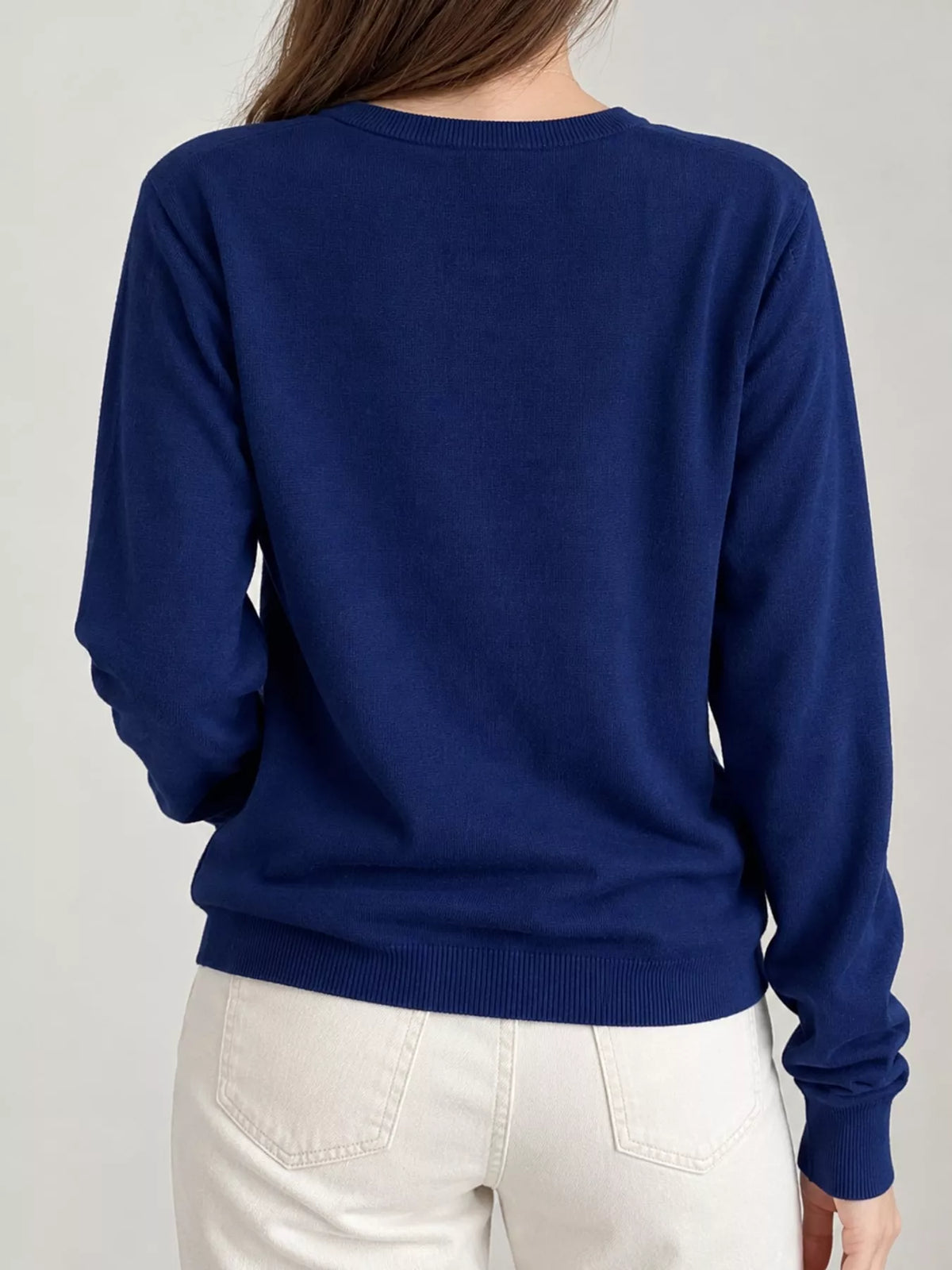 Women's Crew Neck Button-Down Knit Cardigan in navy — back view