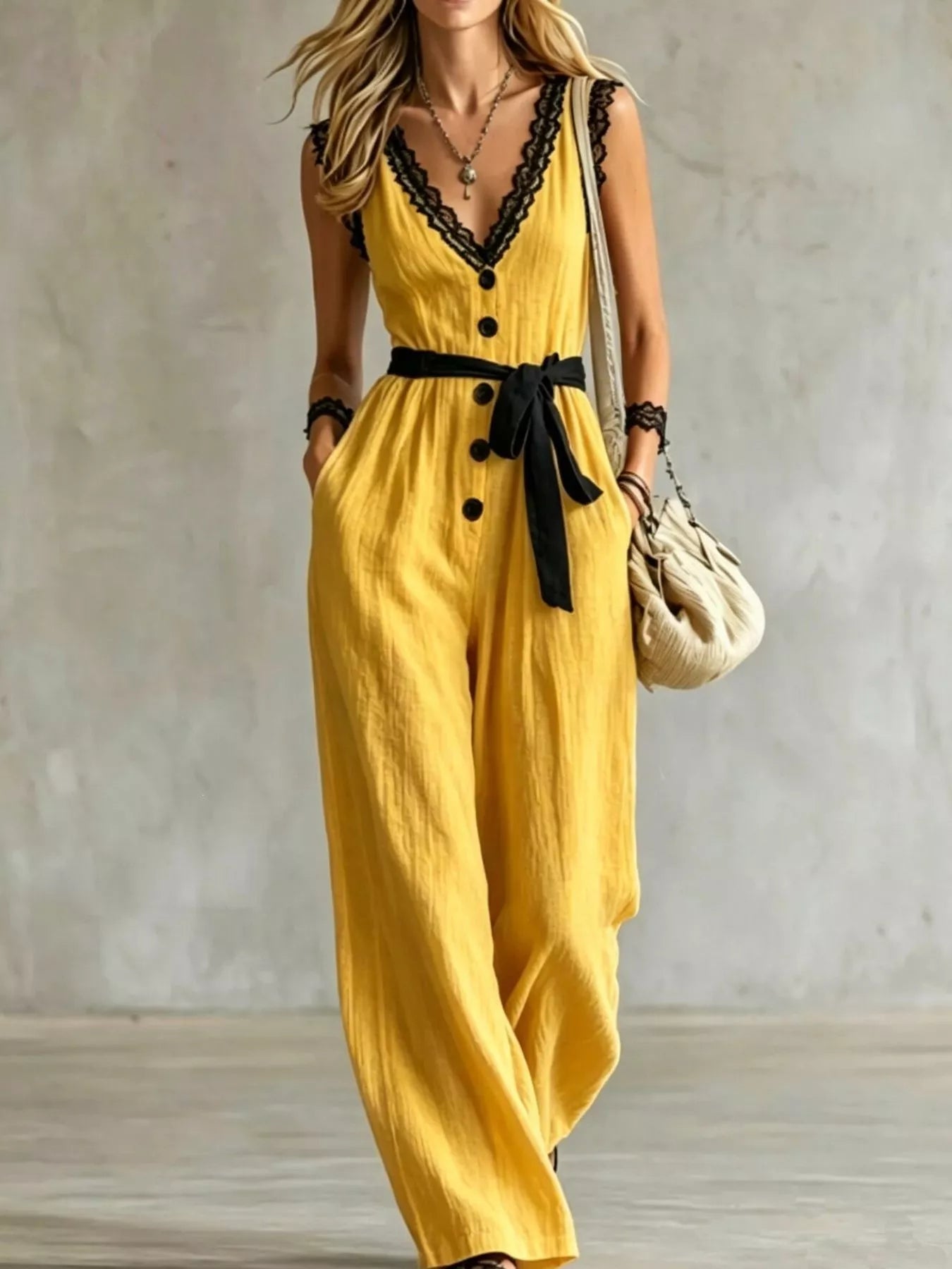 Trendsi Lace Trim Sleeveless Wide Leg Jumpsuit -