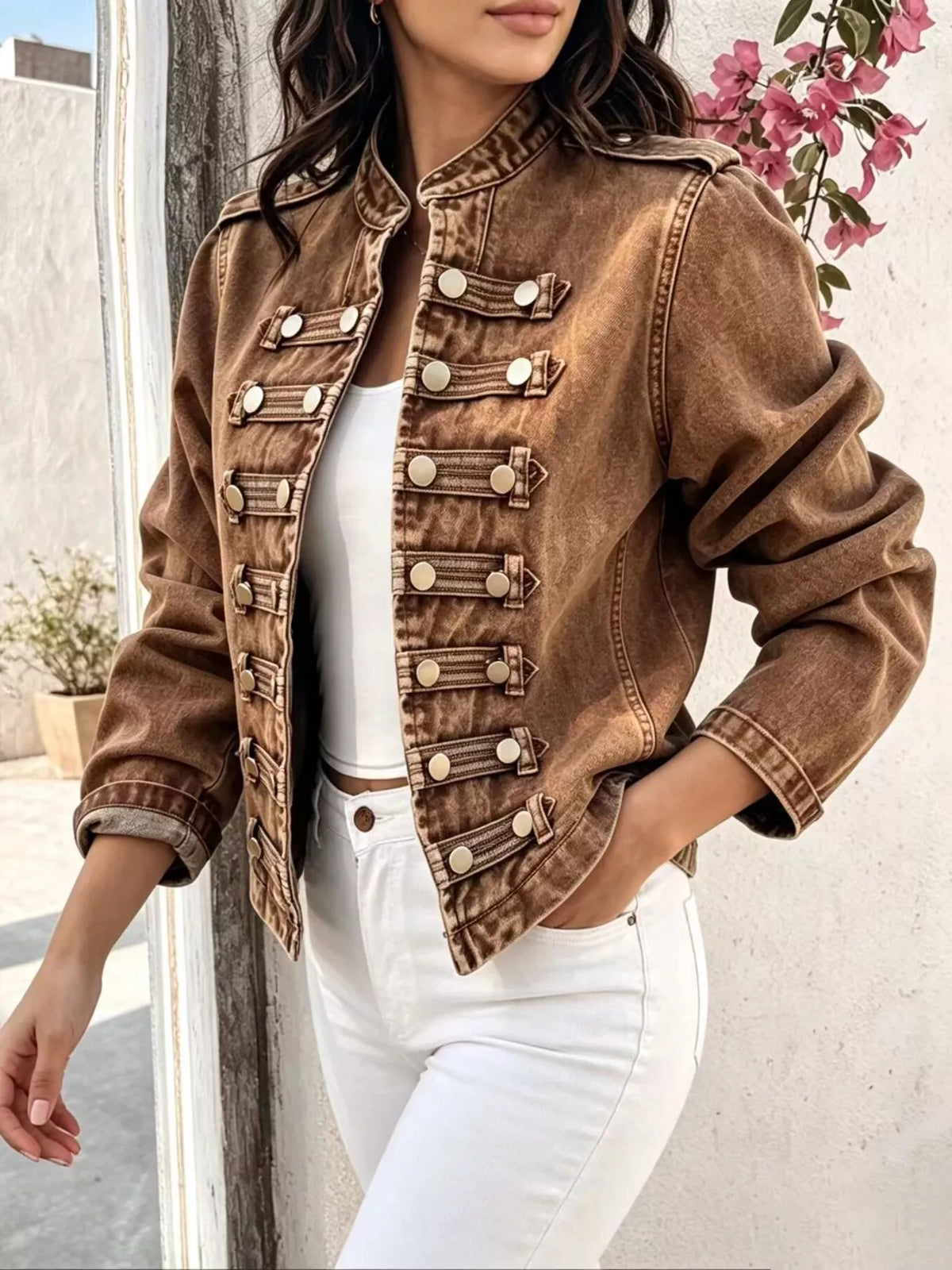 Brown open-front denim jacket, front view