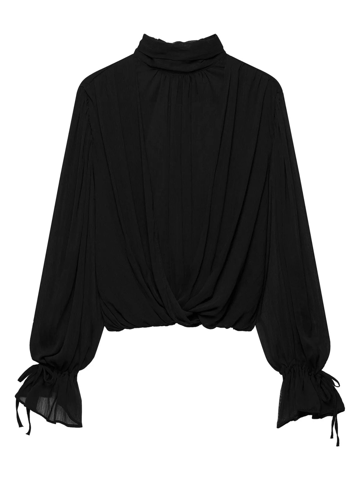 Black bow-tie neck flounce sleeve blouse