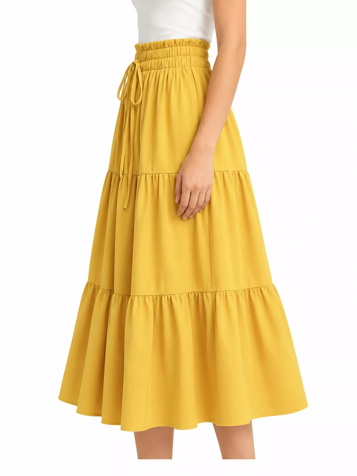 Yellow drawstring tiered skirt — side view