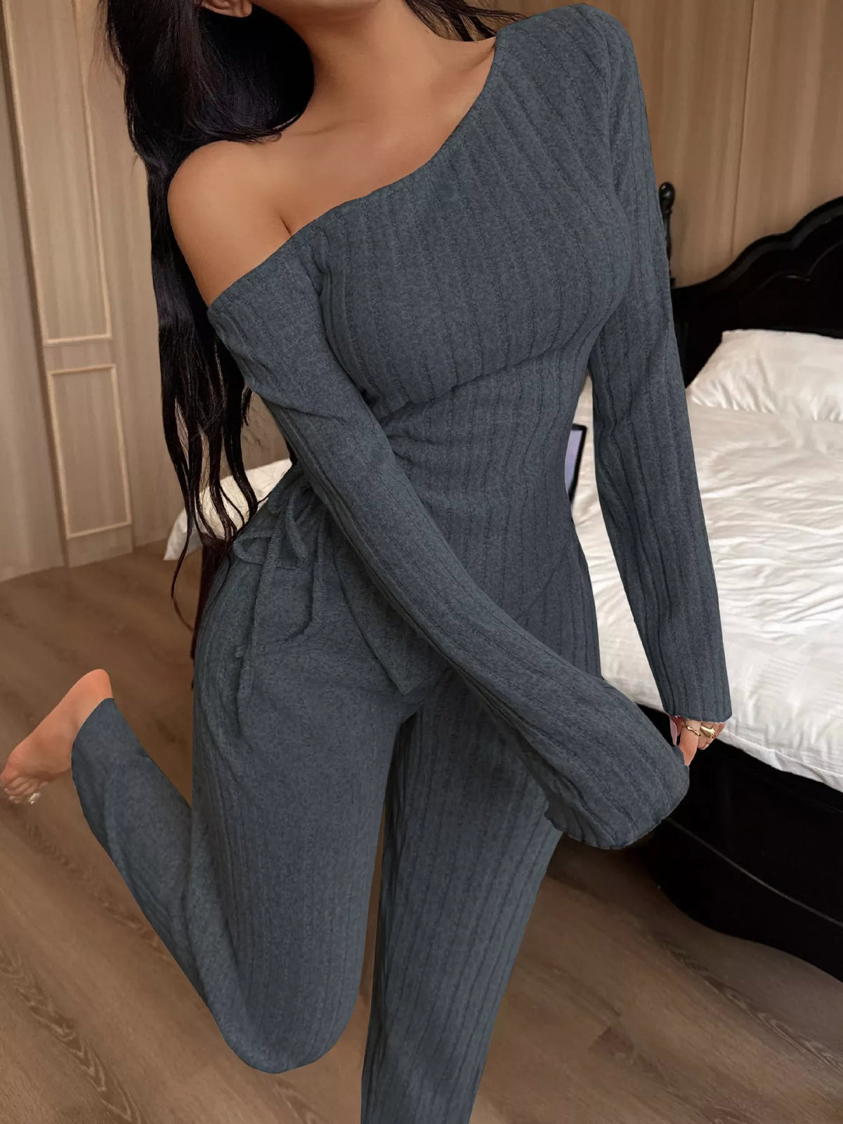 Trendsi One-Shoulder Ribbed Knit Top and Pants Set -