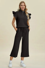 Trendsi Double Take Full Size Texture Ruffle Short Sleeve Top and Wide Leg Pants Set -
