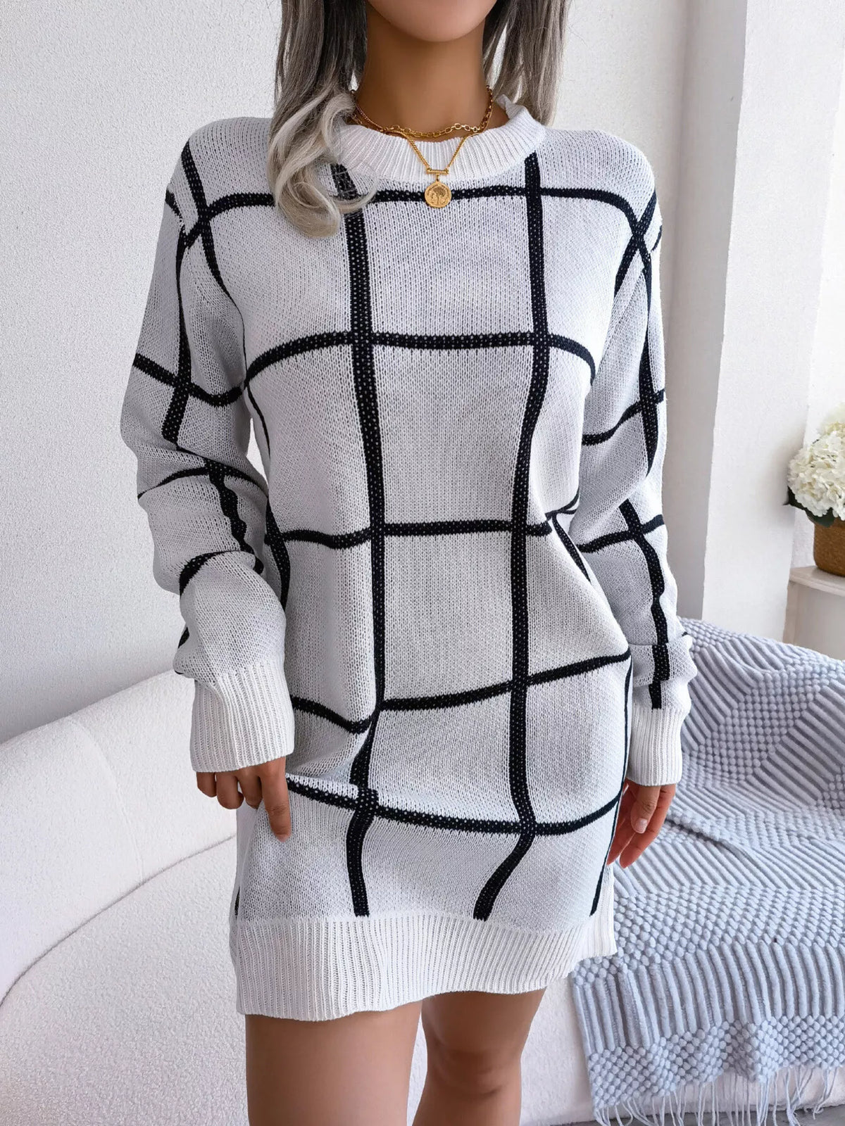 White windowpane long-sleeve sweater dress, unbelted front view.