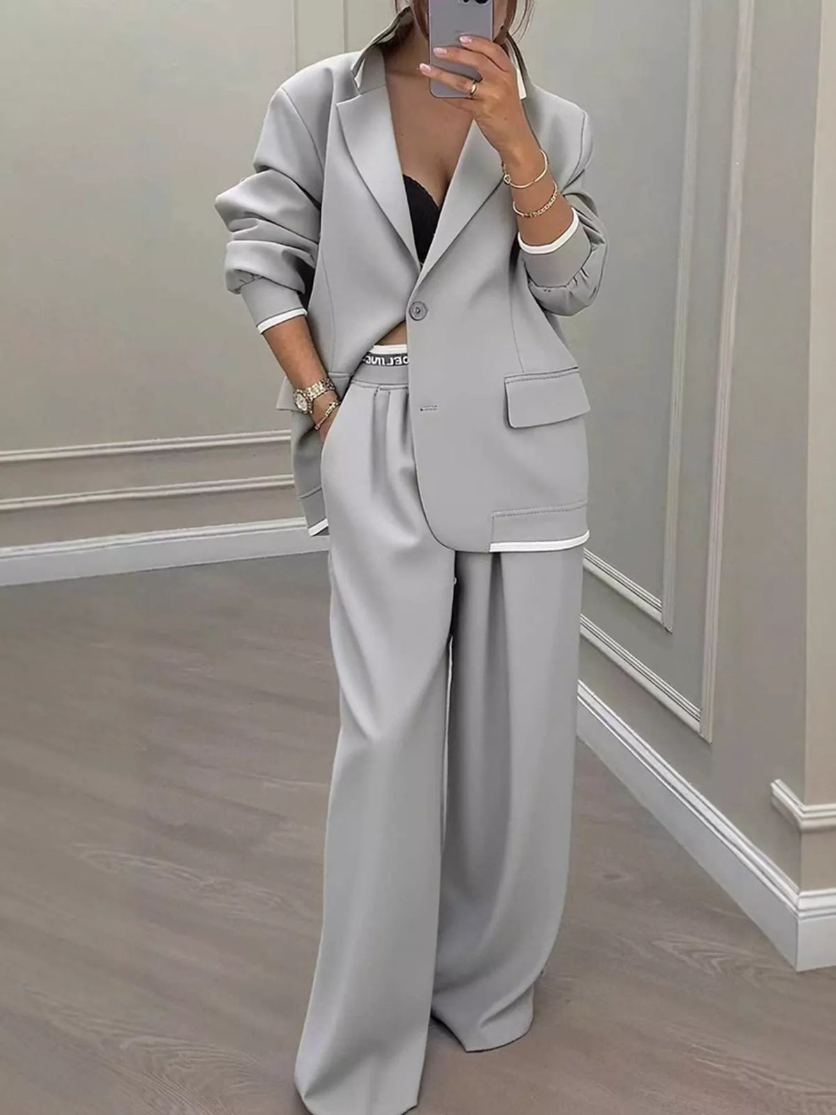 Gray contrast-trim blazer and wide-leg pants set