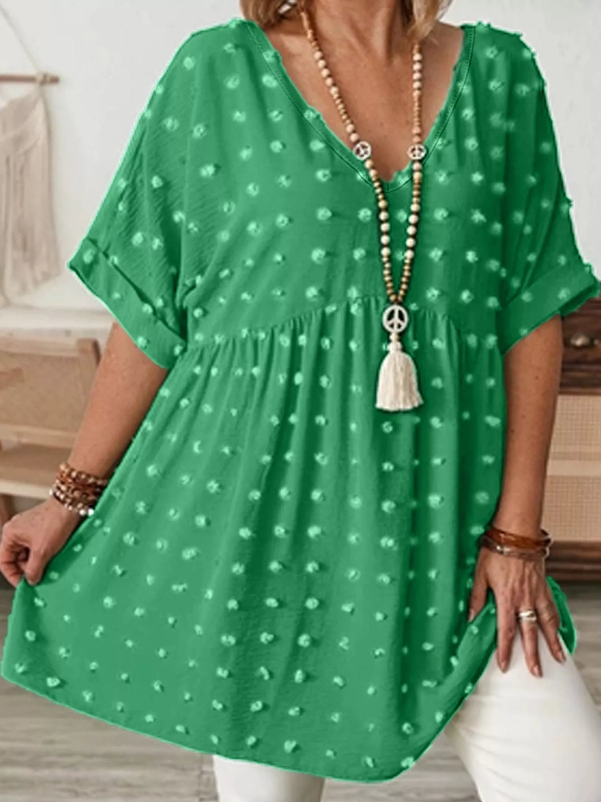 Swiss-dot blouse, green front