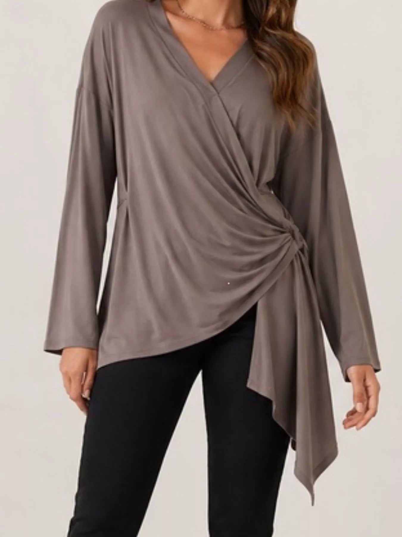 Trendsi Long Sleeve Wrap T-Shirt with Side Knot Detail -