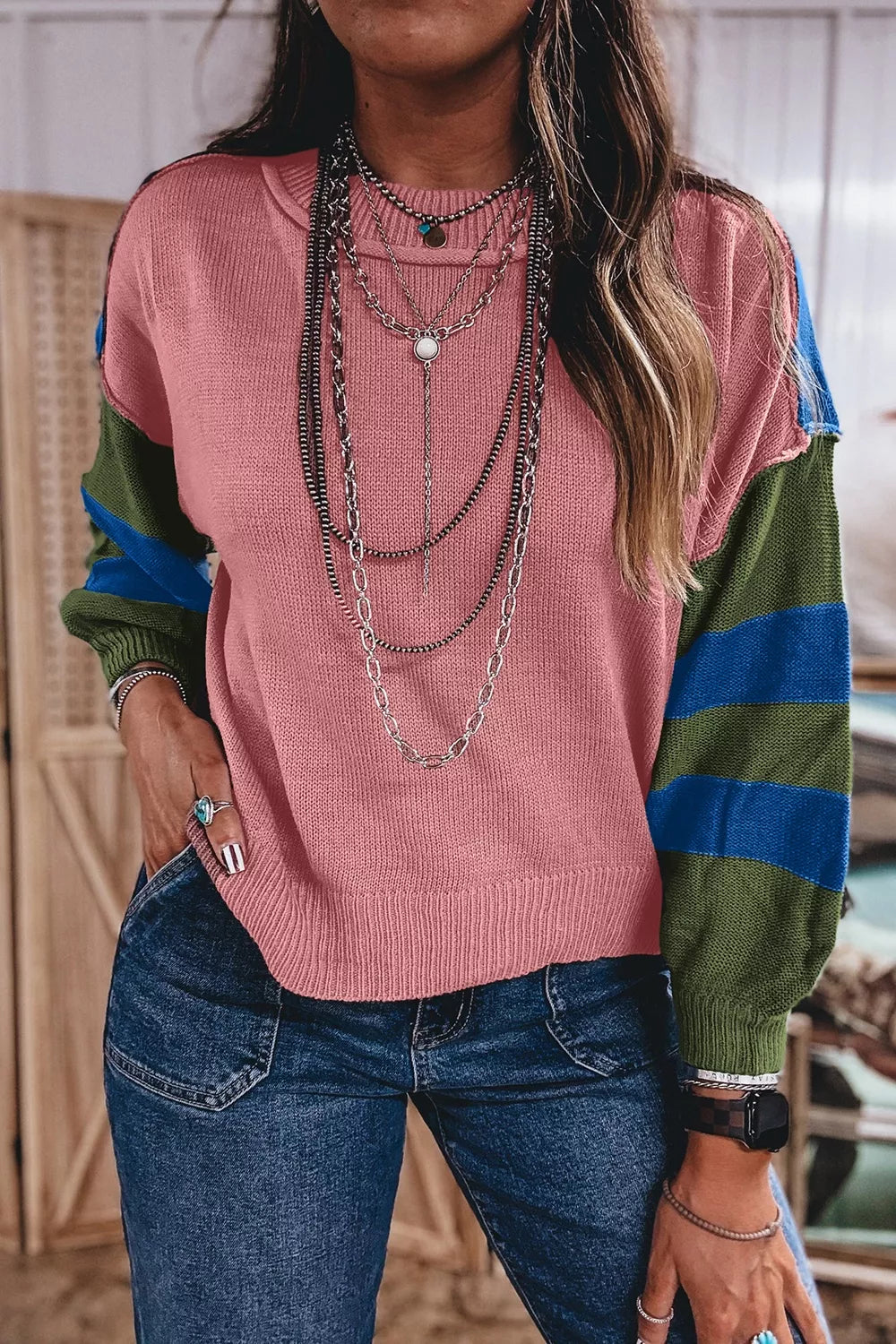 Trendsi Multicolour Western Colorblock Patchwork Striped Long Sleeve Sweater -