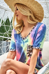 Trendsi BiBi Tie Dye Print V Neck Top With Front Patch Pocket -