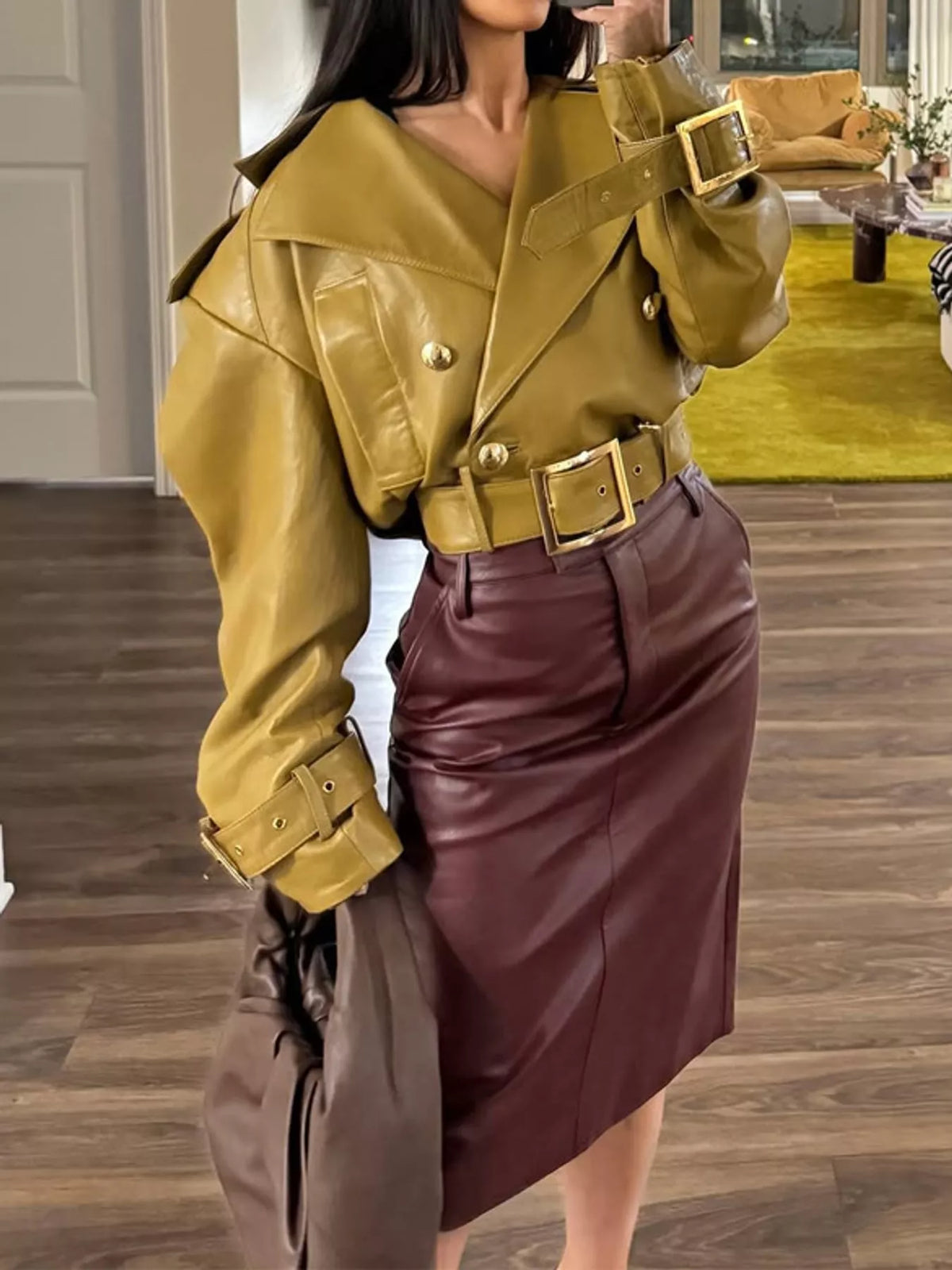 Chartreuse faux leather cropped jacket with buckle details