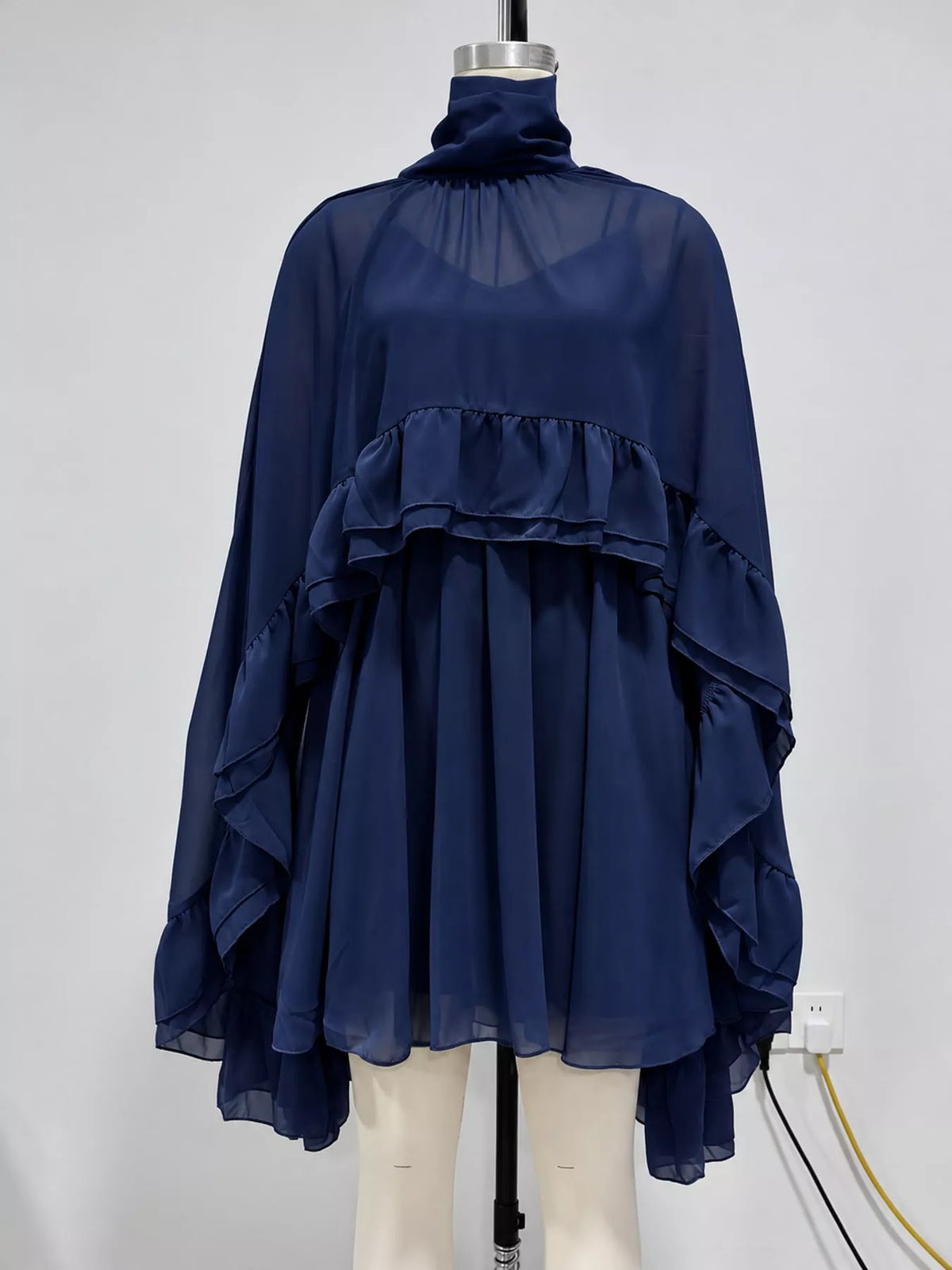 Navy ruffled cape and cami dress set, front view