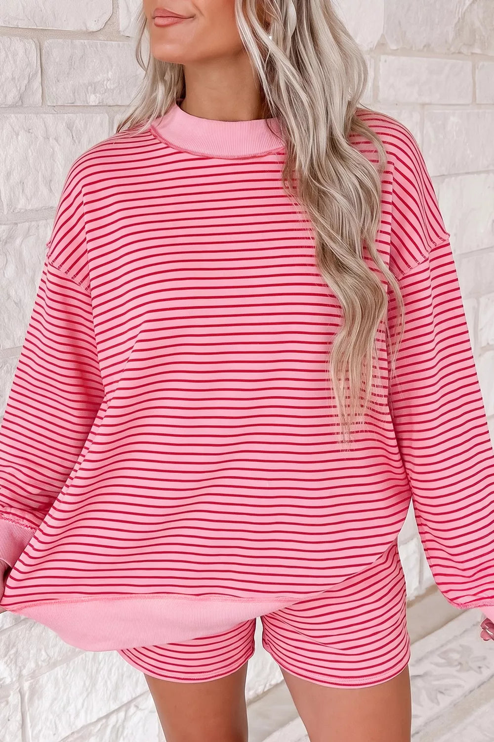 Trendsi Stripe Ribbed Patchwork Mock Neck Baggy Pullover Matching Shorts Set -