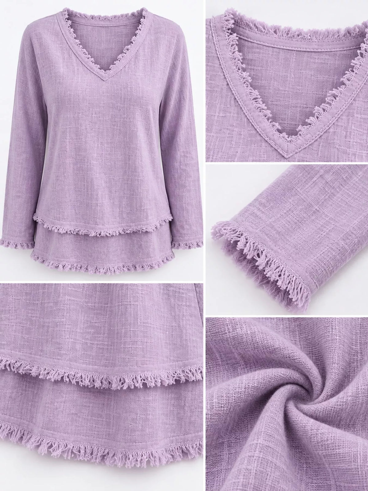 Frayed V-neck blouse, purple detail collage