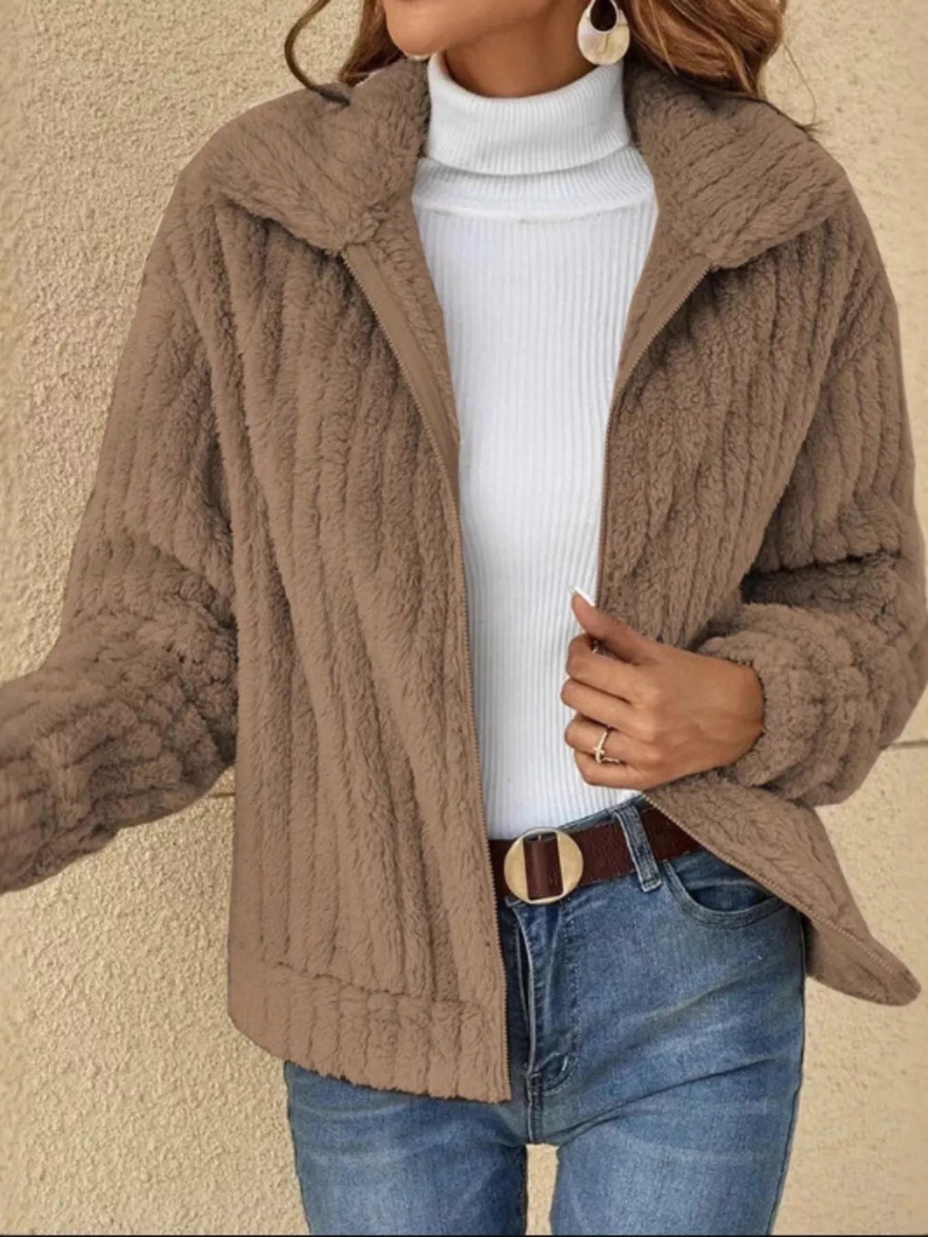 Trendsi Full Size Faux Fur Zip-Up Outerwear Plus Size -
