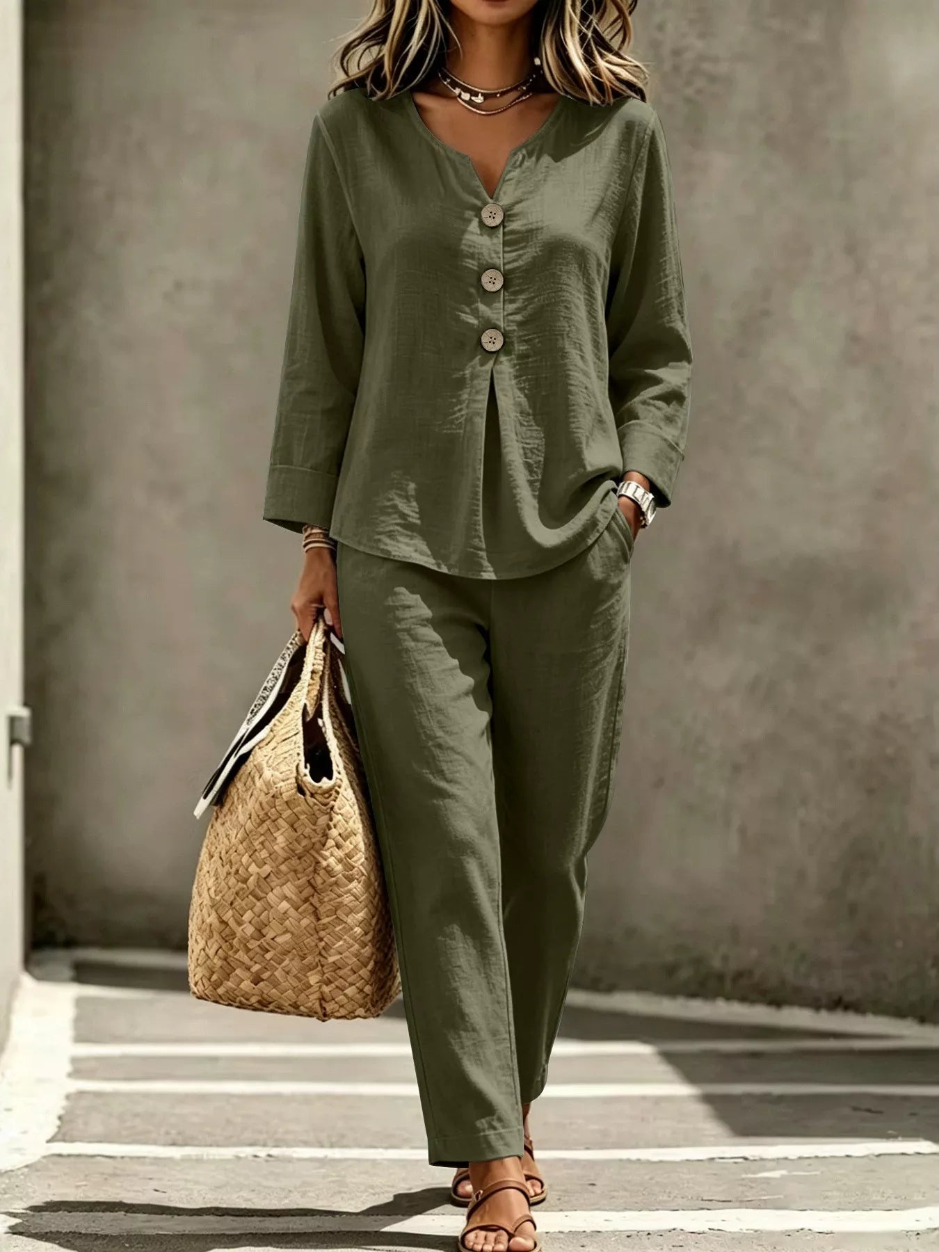 Trendsi Button Detail Long Sleeve Top and Pants Set -