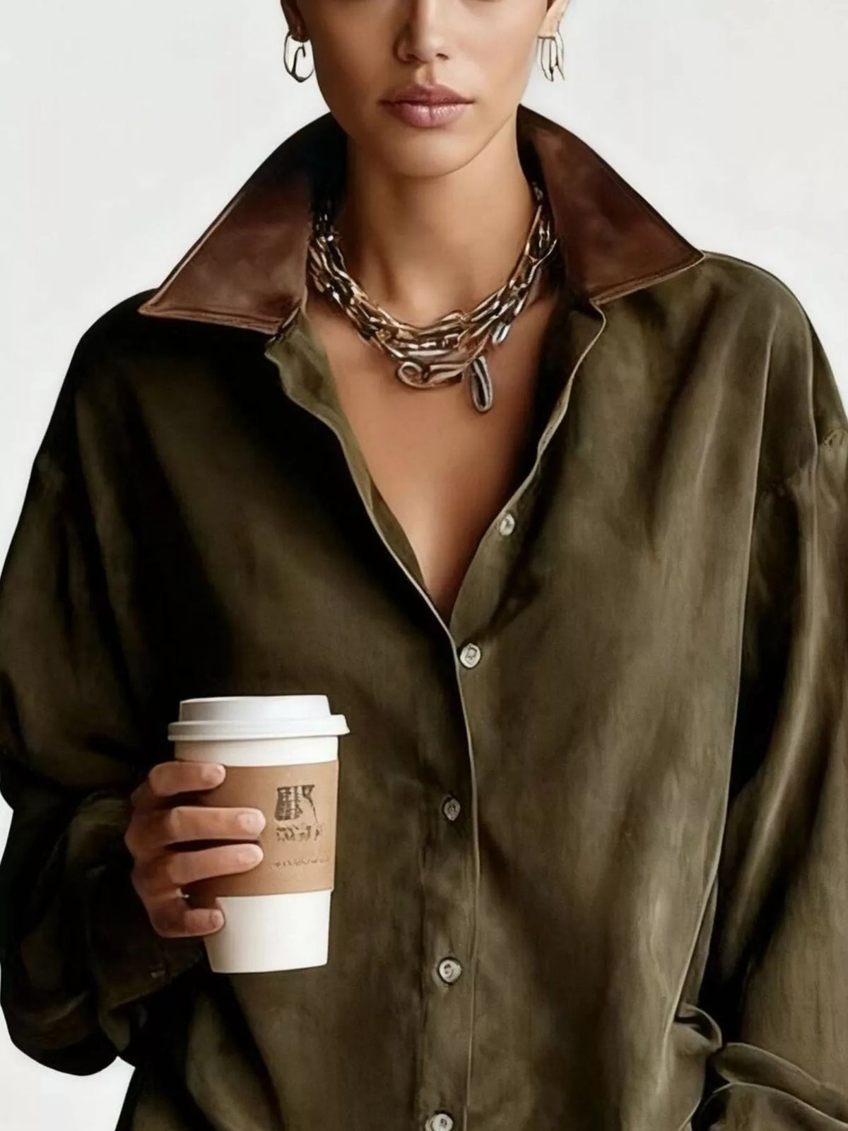 Olive contrast-collar mini shirt dress, contrast collar detail.