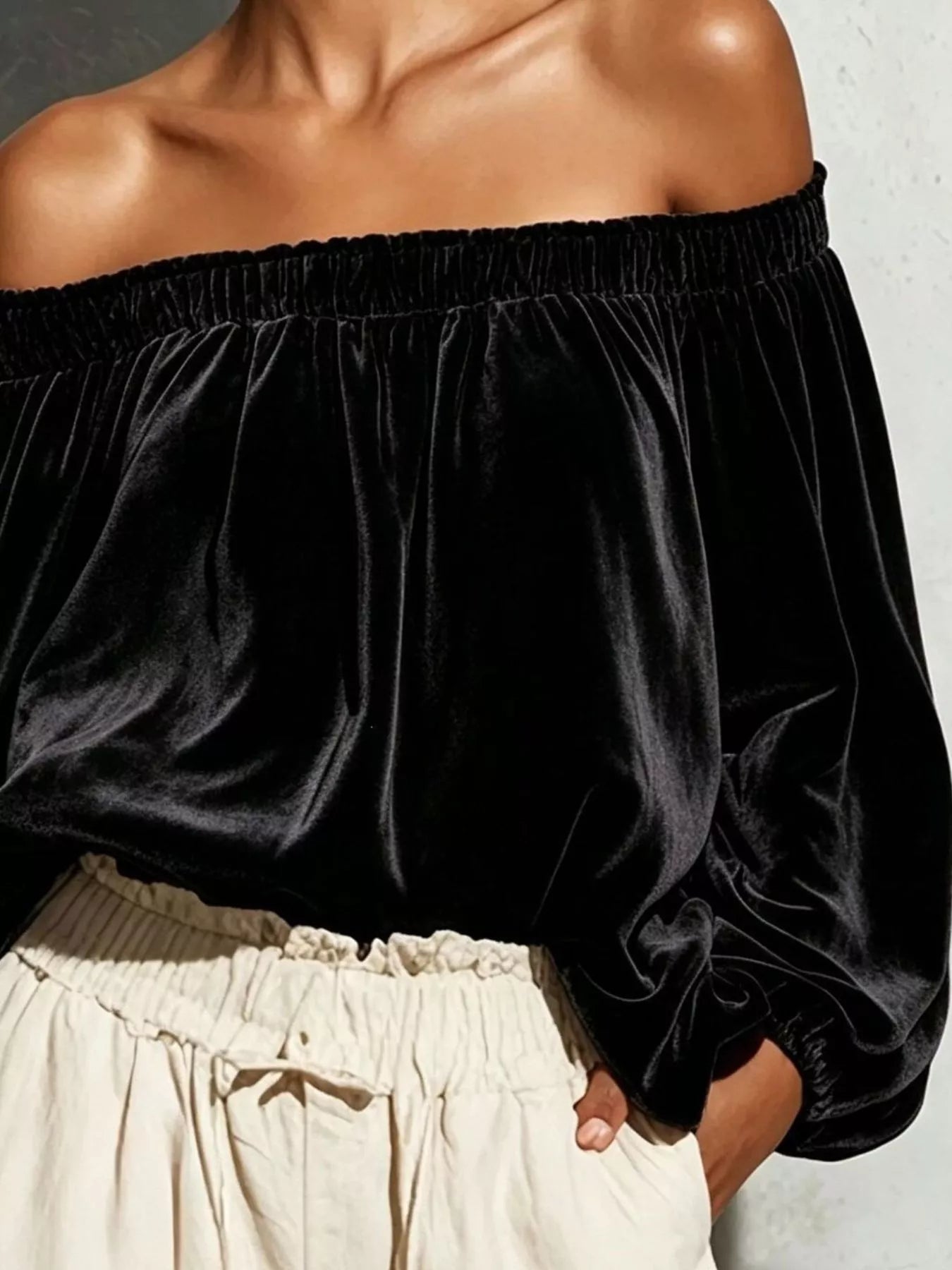 Trendsi Off-Shoulder Velvet Long Sleeve T-Shirt -