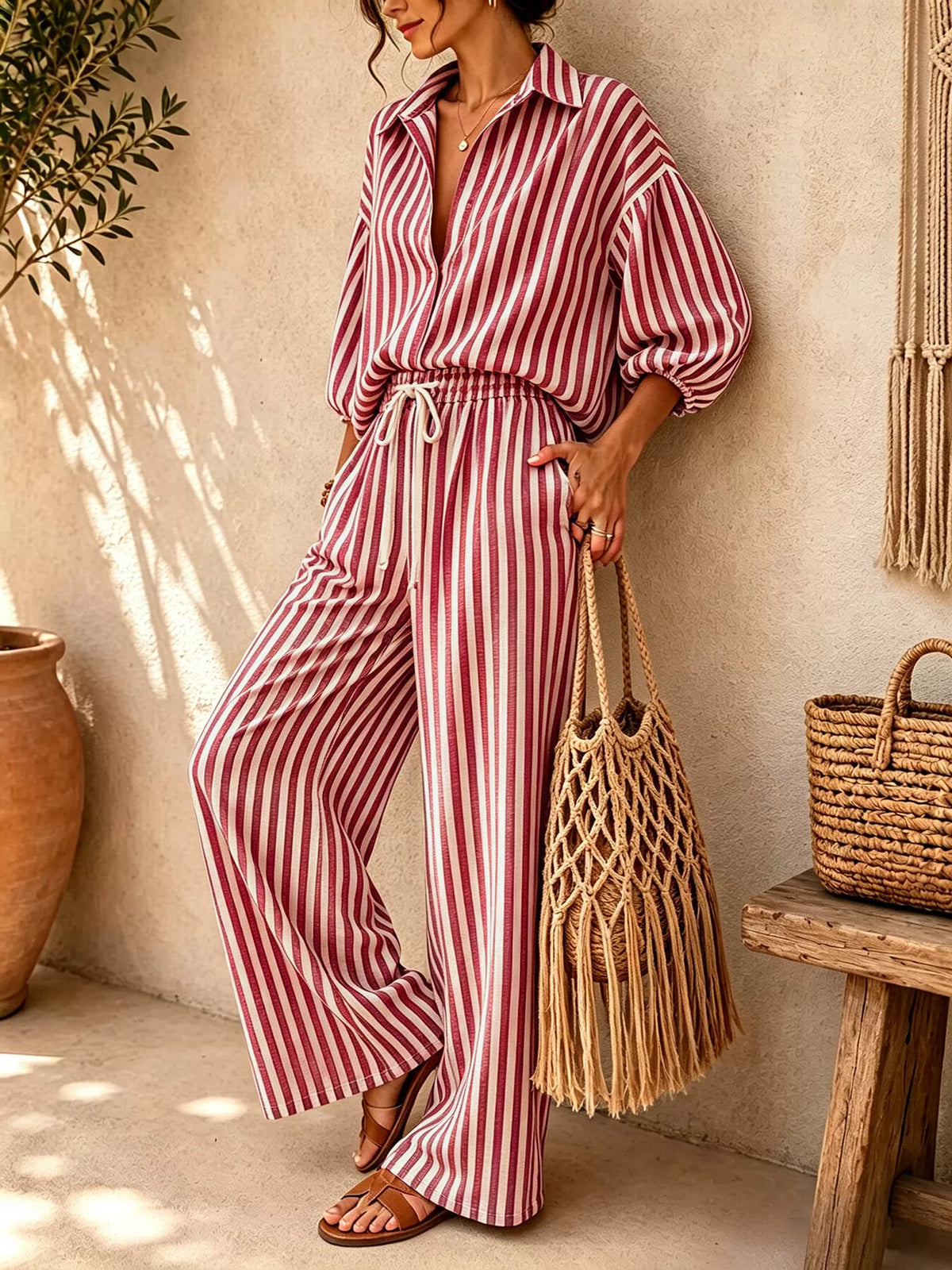 Red and white striped shirt and drawstring pants set, front view with one leg bent