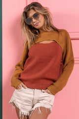 Trendsi BiBi Color Block Sweater Knit Top With Cut Out Neck -