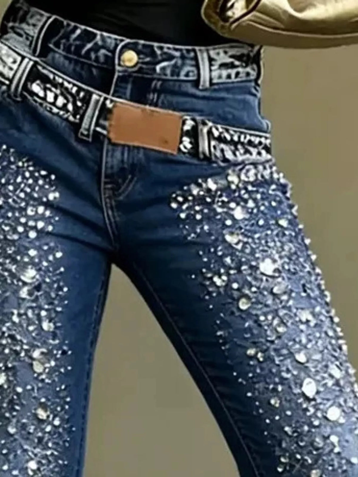 Dark Blue rhinestone embellished slim fit jeans, back view