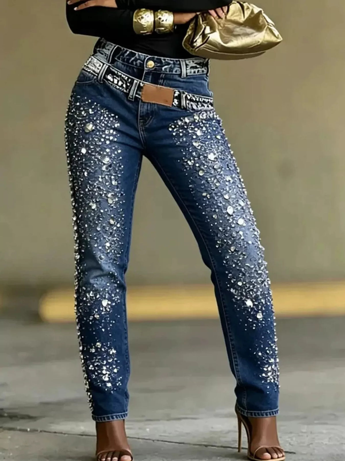 Dark Blue rhinestone embellished slim fit jeans